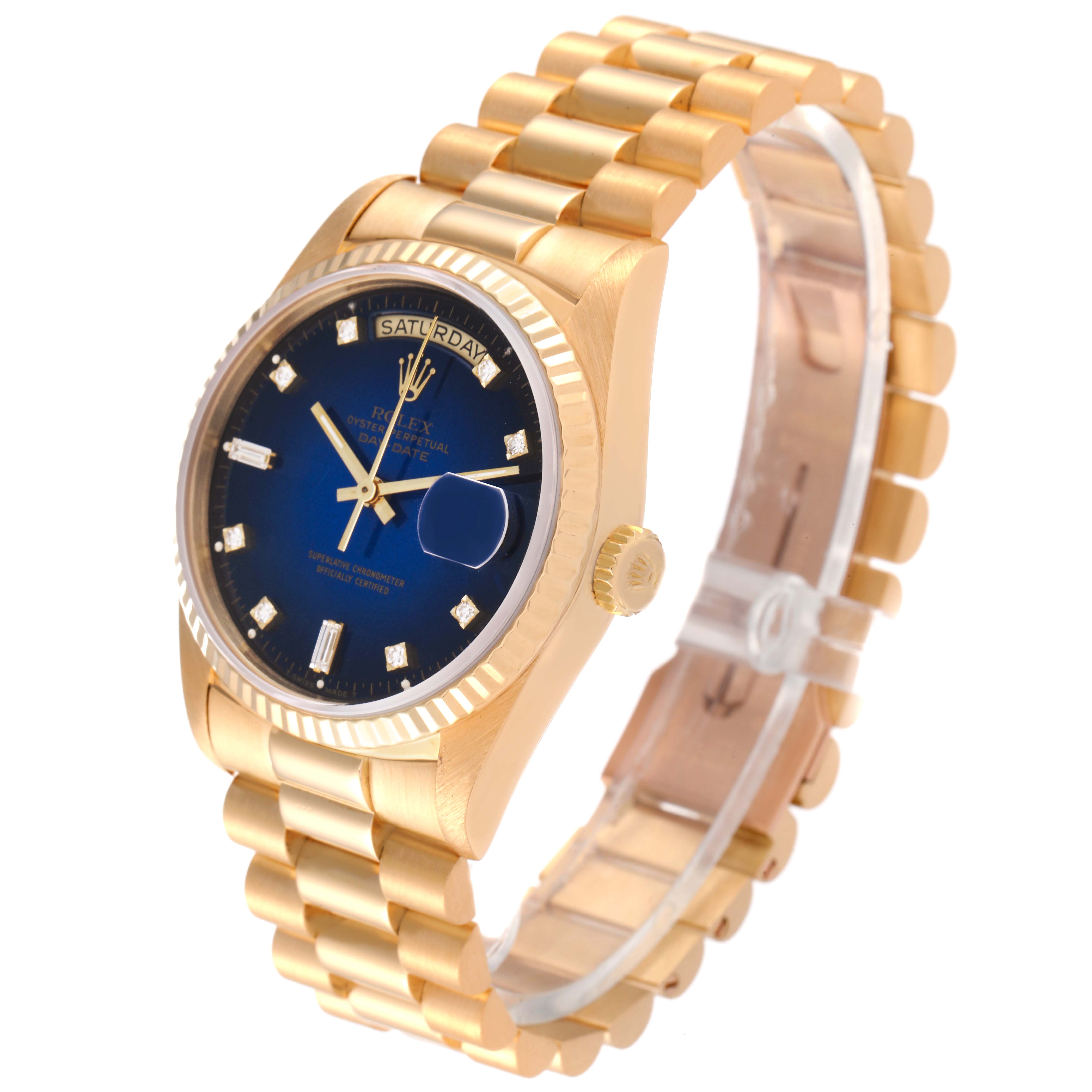 The image shows a Rolex President 18238 Men's Yellow Gold Blue Dial 18238 Men's Yellow Gold Blue Dial model watch at an angle displaying the face, bezel, crown, and part of the bracelet.