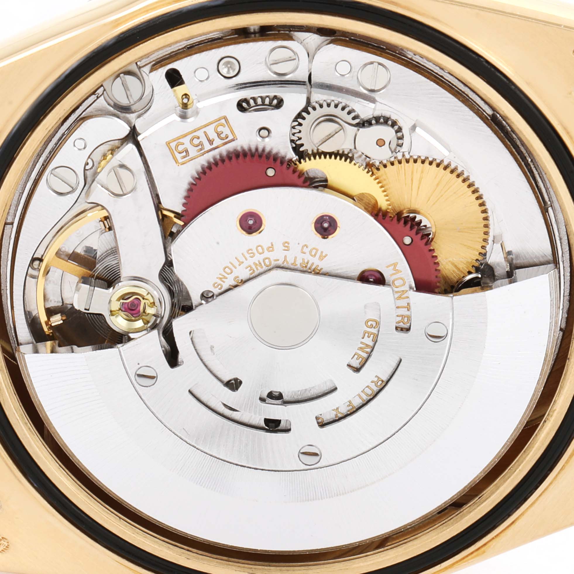 The image shows the internal mechanical movement of the Rolex President 18238 Men's Yellow Gold Blue Dial 18238 Men's Yellow Gold Blue Dial model watch from the back angle.