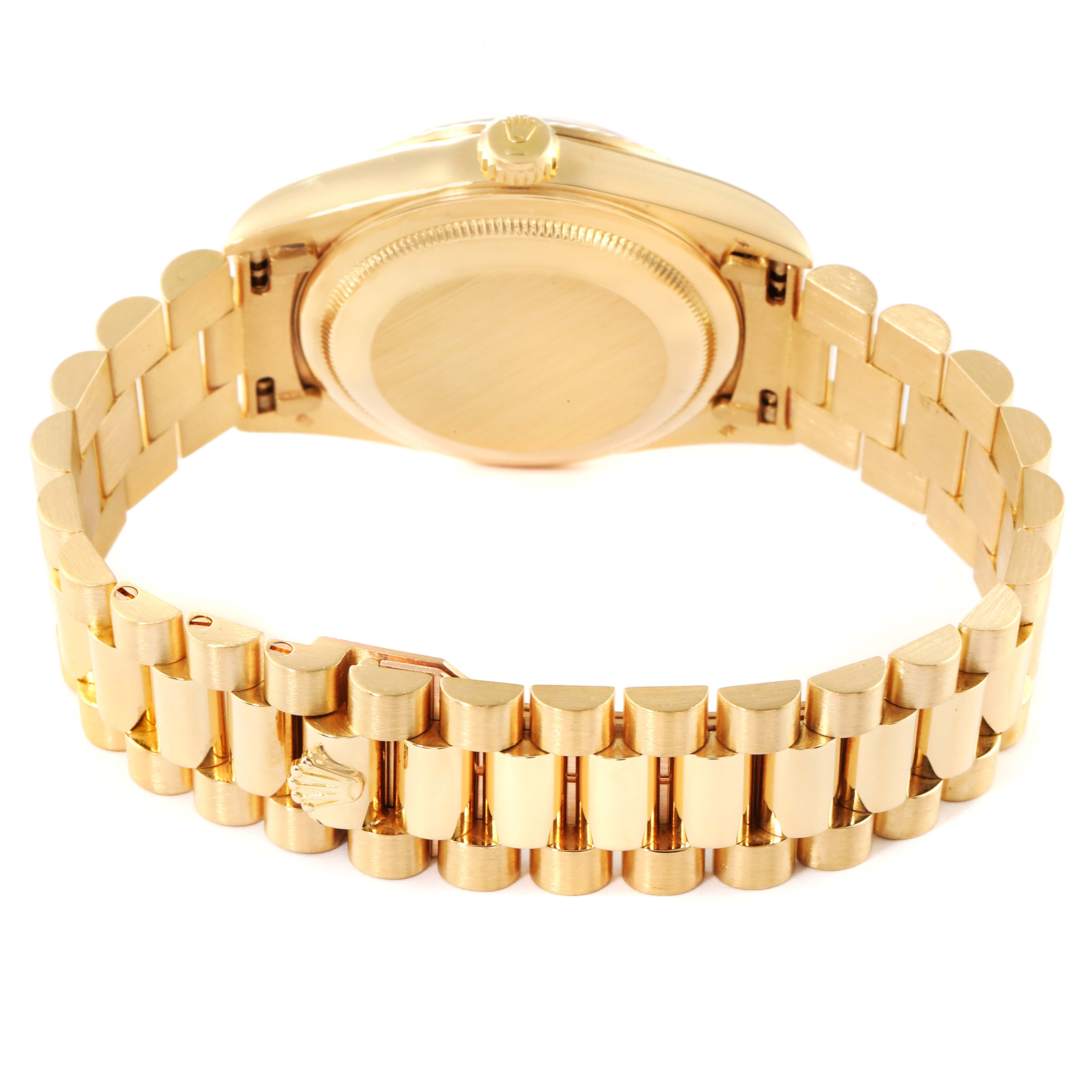 The image shows the back view of a Rolex President 18238 Men's Yellow Gold Blue Dial 18238 Men's Yellow Gold Blue Dial model watch, highlighting its gold case and bracelet.