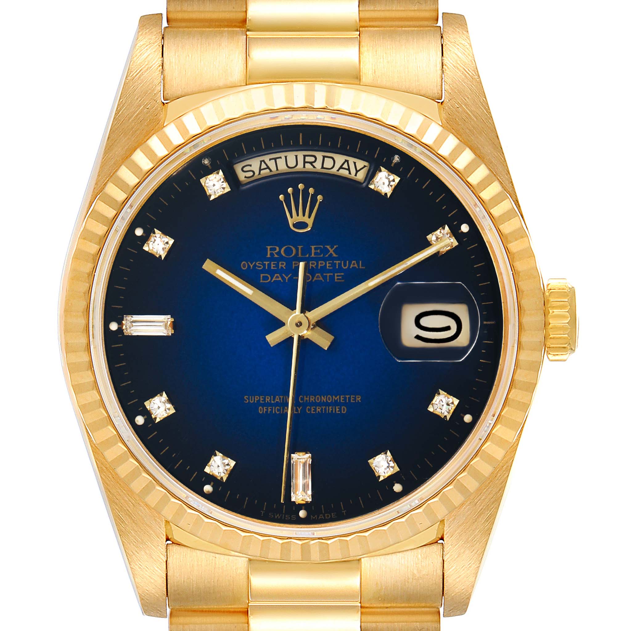 This image shows a frontal view of the Rolex President 18238 Men's Yellow Gold Blue Dial 18238 Men's Yellow Gold Blue Dial model watch, highlighting its gold casing, blue dial, and diamond hour markers.