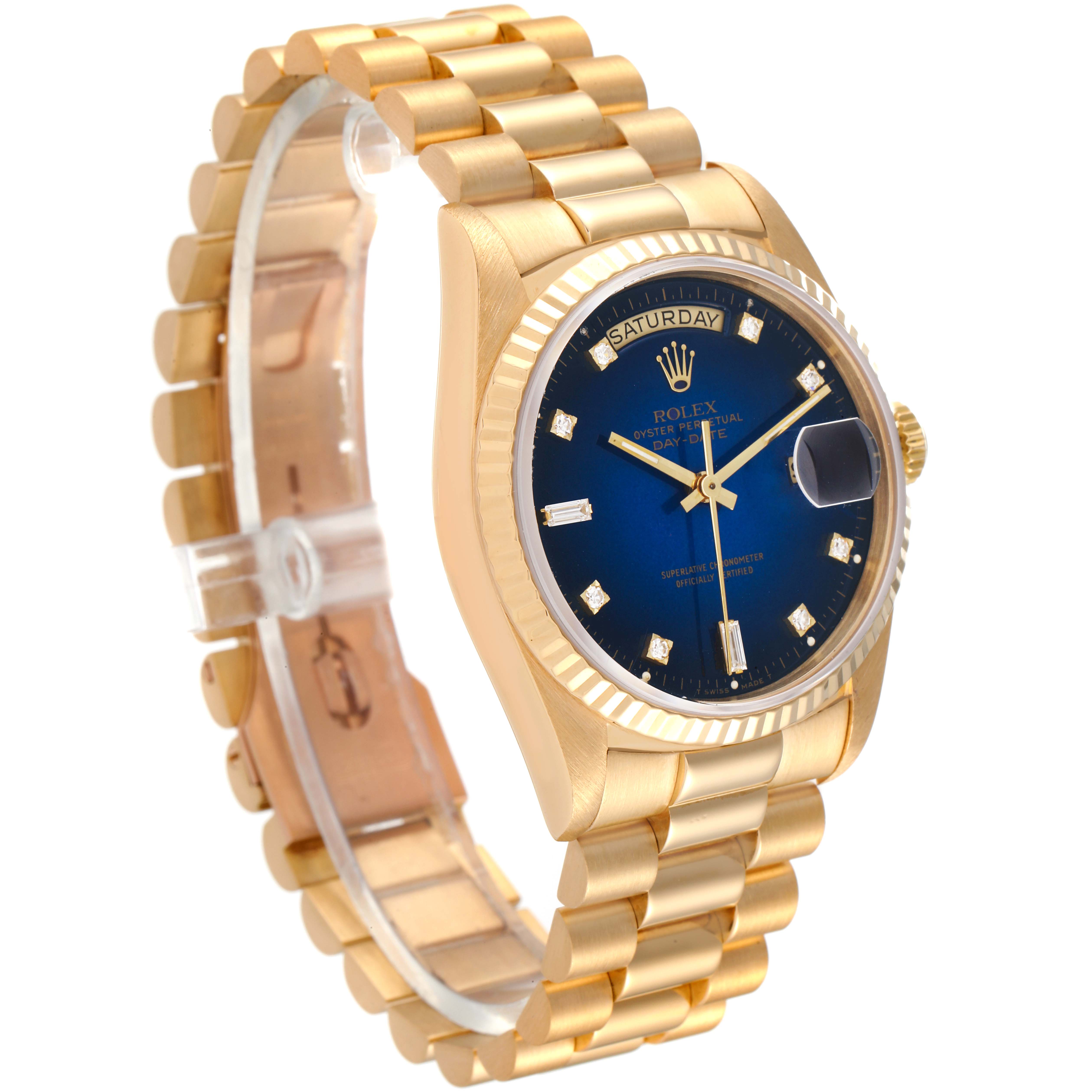 This image shows a side angle of a Rolex President 18238 Men's Yellow Gold Blue Dial 18238 Men's Yellow Gold Blue Dial model watch, displaying its gold band and blue dial.