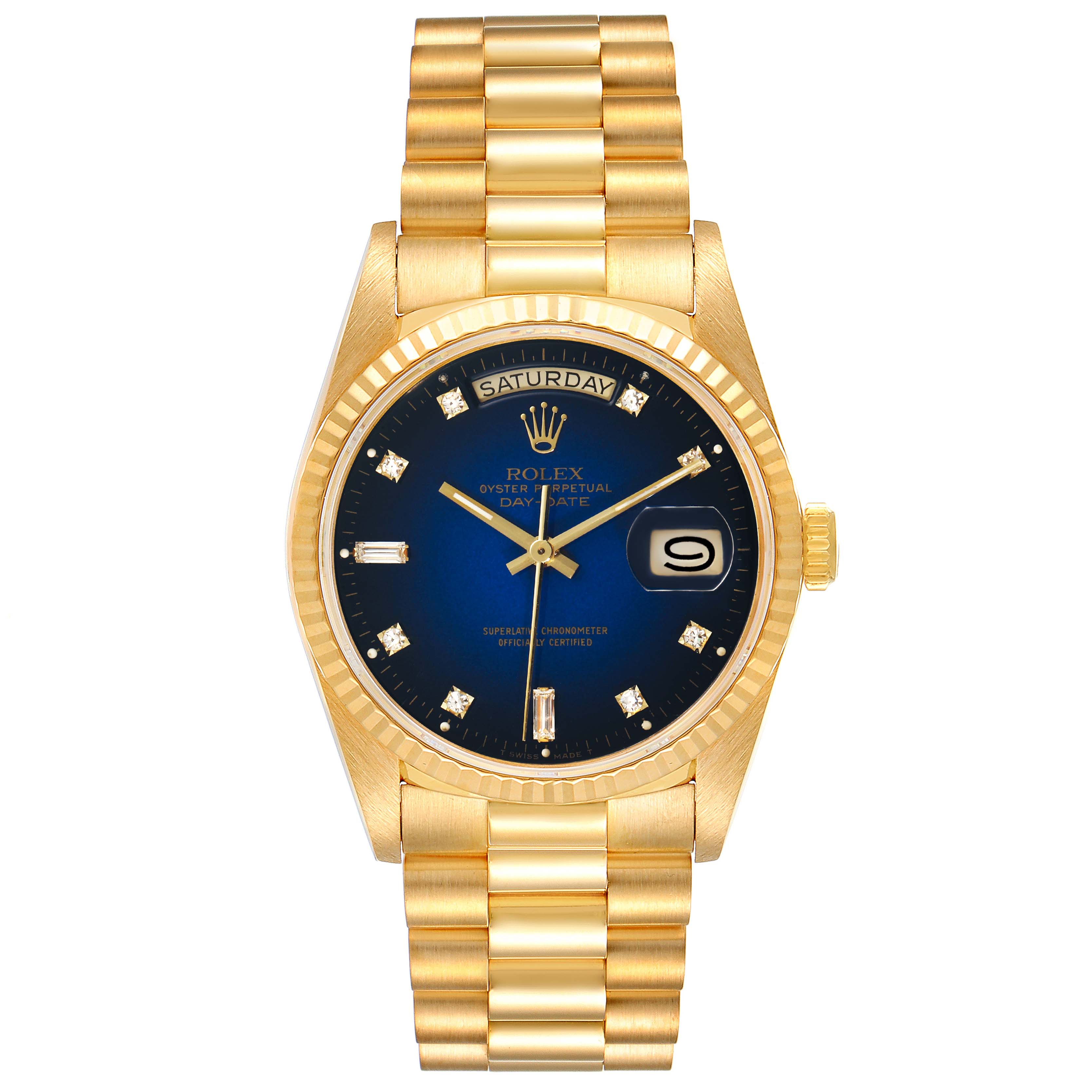 The Rolex President 18238 Men's Yellow Gold Blue Dial 18238 Men's Yellow Gold Blue Dial model watch is shown from a front angle, highlighting its gold band, blue dial, and day-date display.