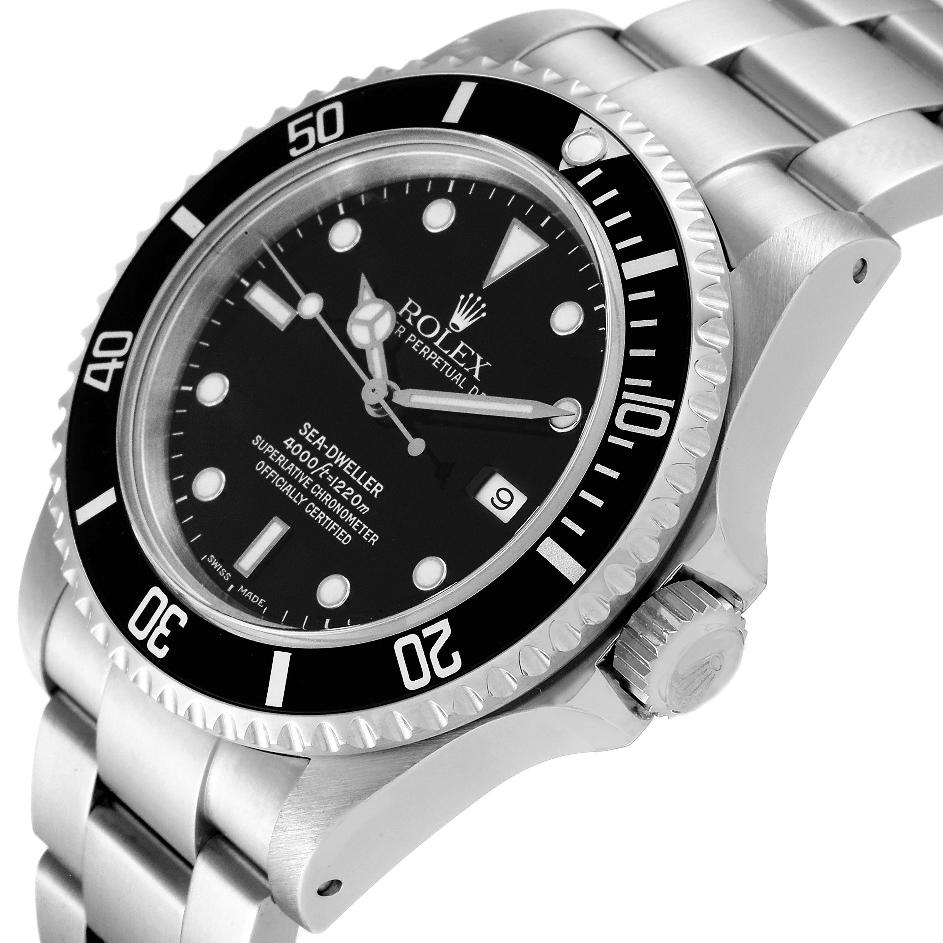This image shows a close-up angle of the Rolex Sea-Dweller 16600 Men
s Stainless Steel Black Dial 16600 Men
s Stainless Steel Black Dial watch, highlighting the dial, bezel, and part of the bracelet.