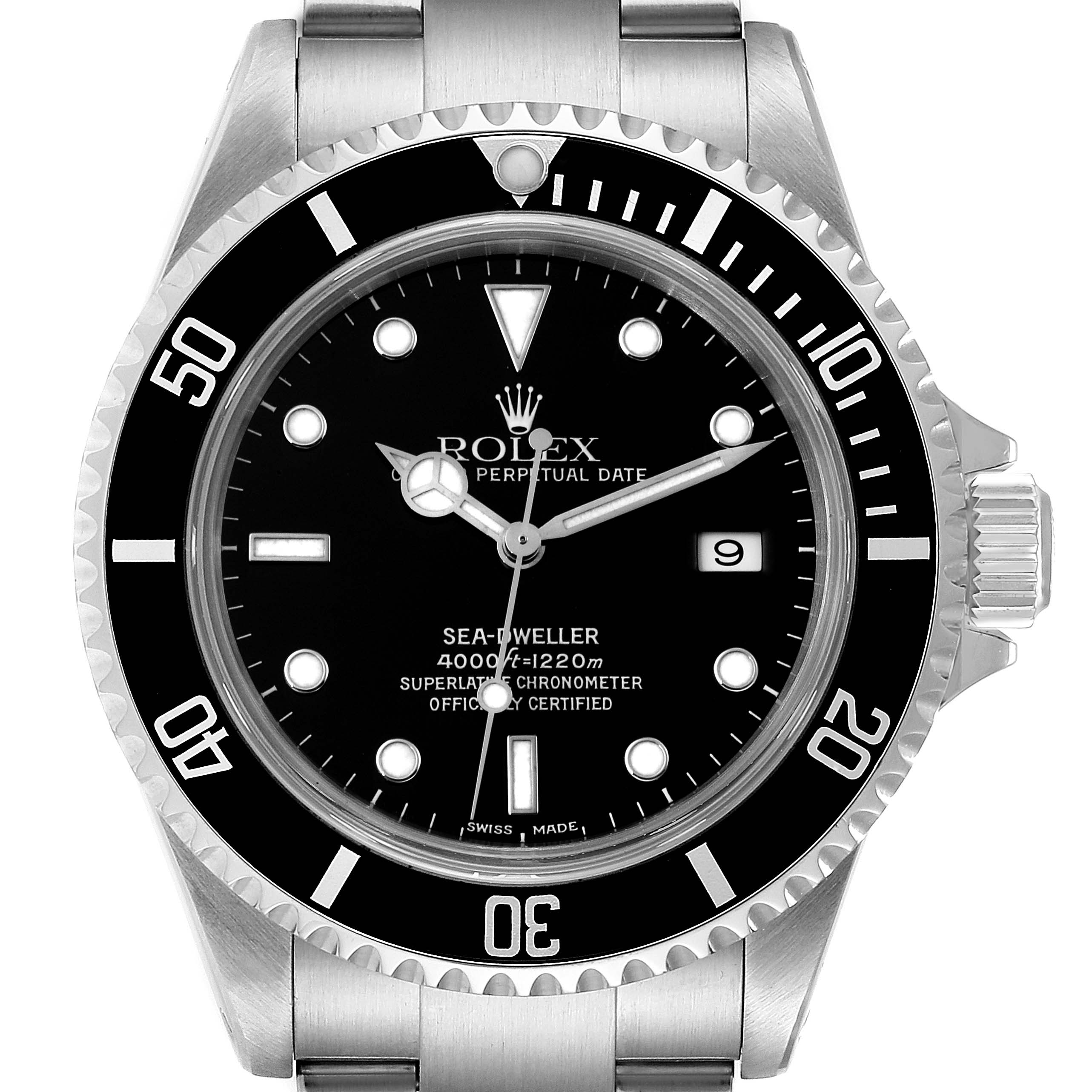 This image shows a front view of the Rolex Sea-Dweller 16600 Men
s Stainless Steel Black Dial 16600 Men
s Stainless Steel Black Dial watch, displaying its bezel, dial, hands, date window, and crown.