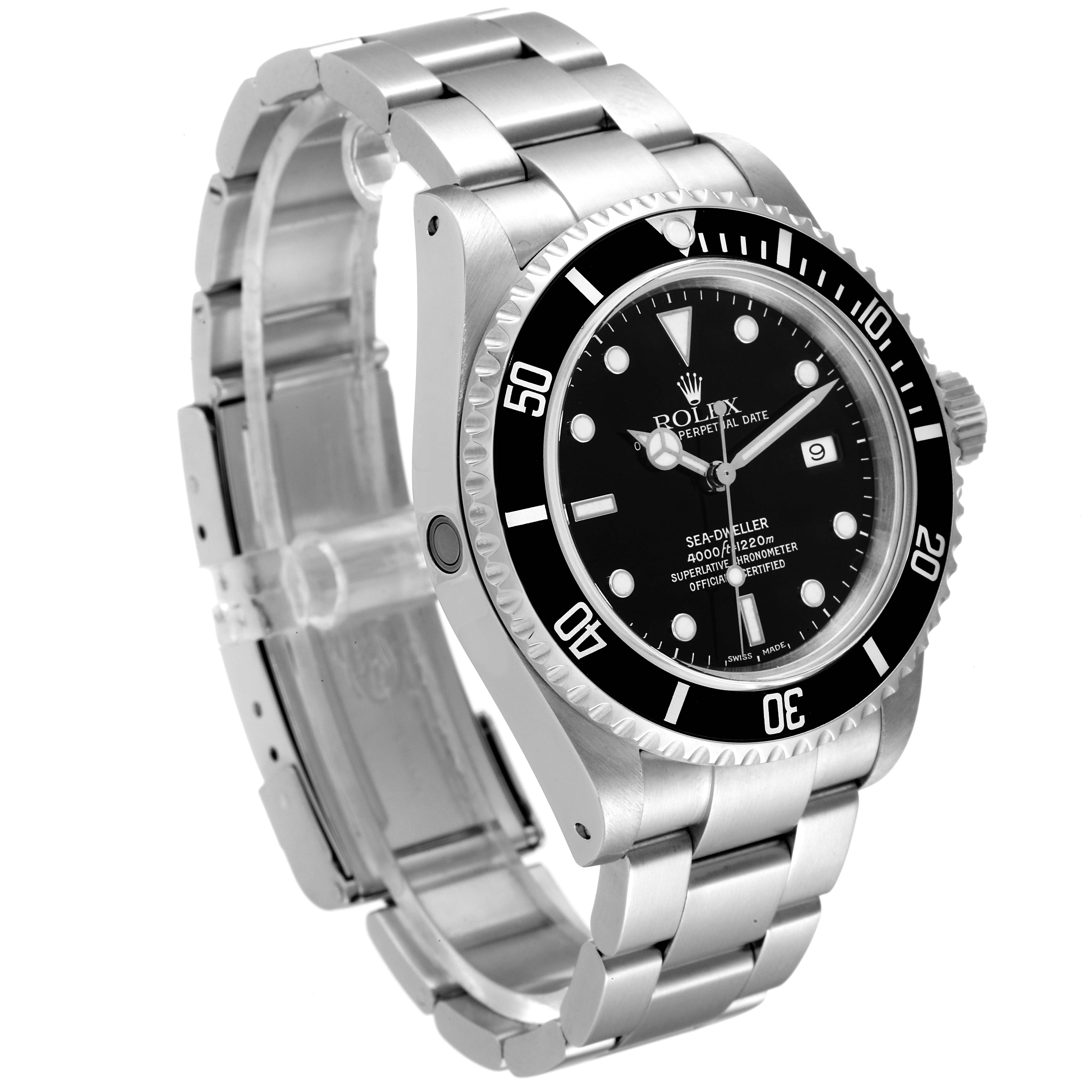 The Rolex Sea-Dweller 16600 Men
s Stainless Steel Black Dial 16600 Men
s Stainless Steel Black Dial watch is shown at a slight angle, highlighting the face, bezel, and bracelet.