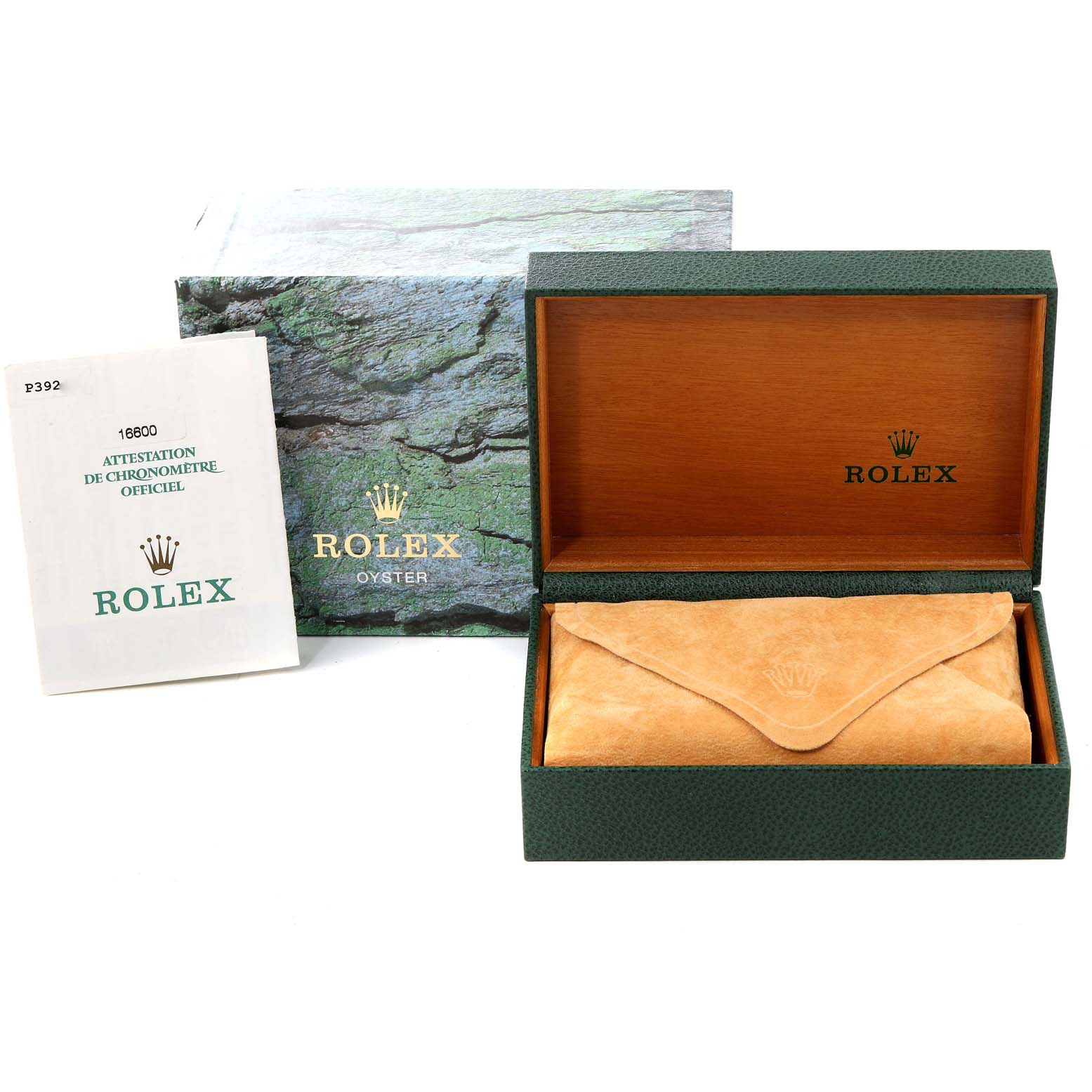 The image shows the Rolex Sea-Dweller 16600 Men
s Stainless Steel Black Dial 16600 Men
s Stainless Steel Black Dial packaging, including the outer box, inner box, and an official chronometer certification booklet.