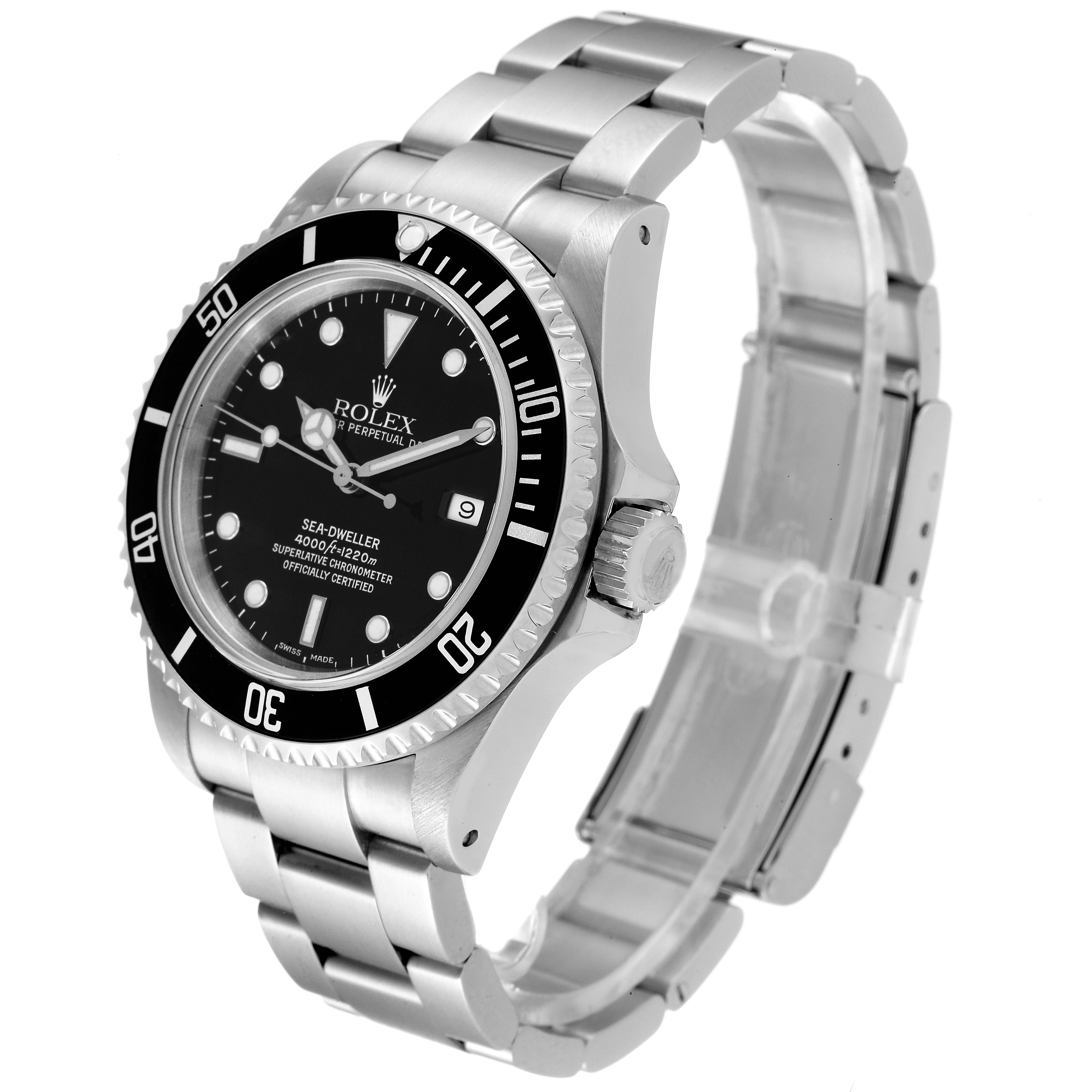 The Rolex Sea-Dweller 16600 Men
s Stainless Steel Black Dial 16600 Men
s Stainless Steel Black Dial watch is shown at an angle displaying the watch face, bezel, crown, and stainless steel bracelet.