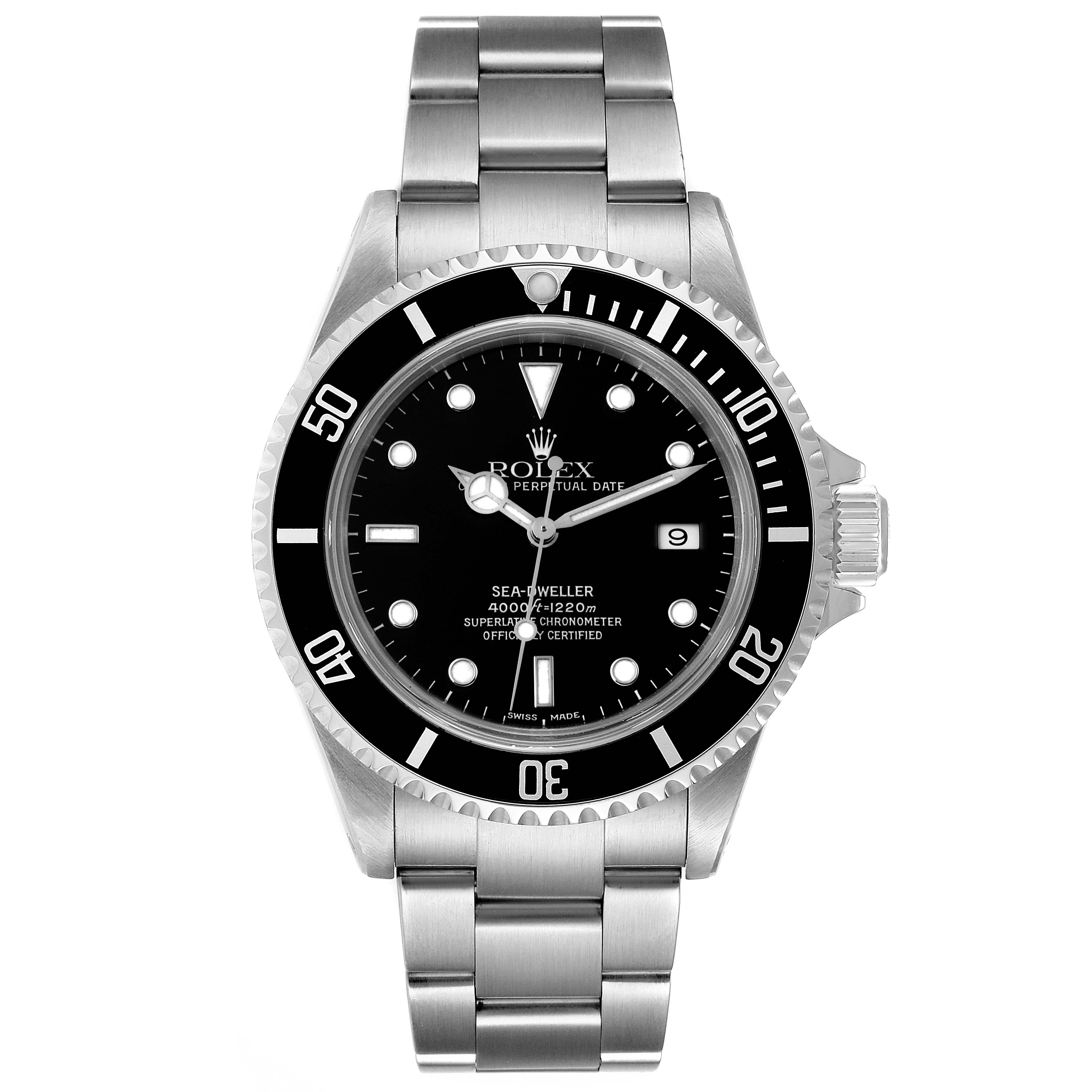 The image shows a front view of the Rolex Sea-Dweller 16600 Men
s Stainless Steel Black Dial 16600 Men
s Stainless Steel Black Dial watch, displaying its face, bezel, and bracelet.
