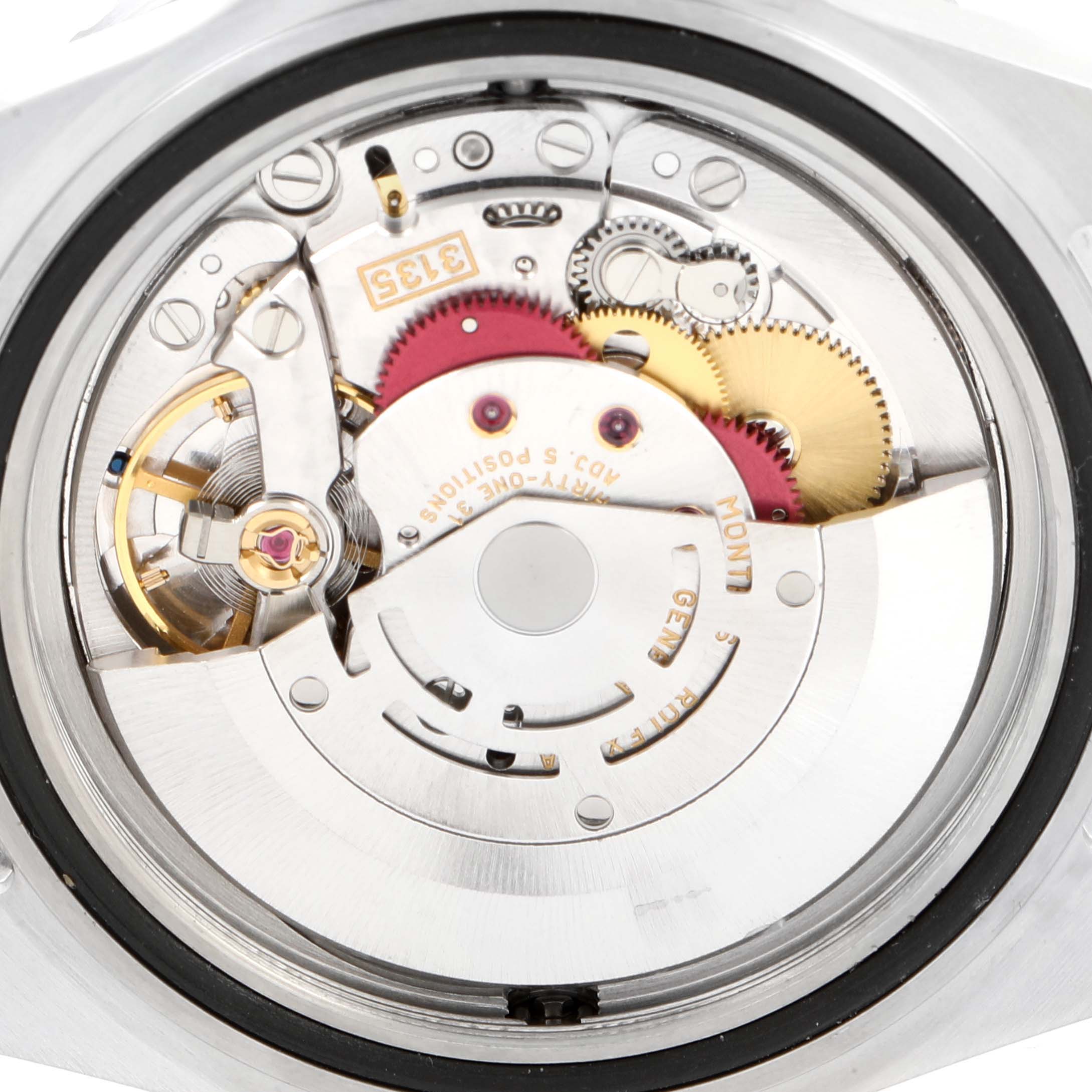 The image shows the internal mechanism of a Rolex Sea-Dweller 16600 Men
s Stainless Steel Black Dial 16600 Men
s Stainless Steel Black Dial, highlighting the gears and movement components.