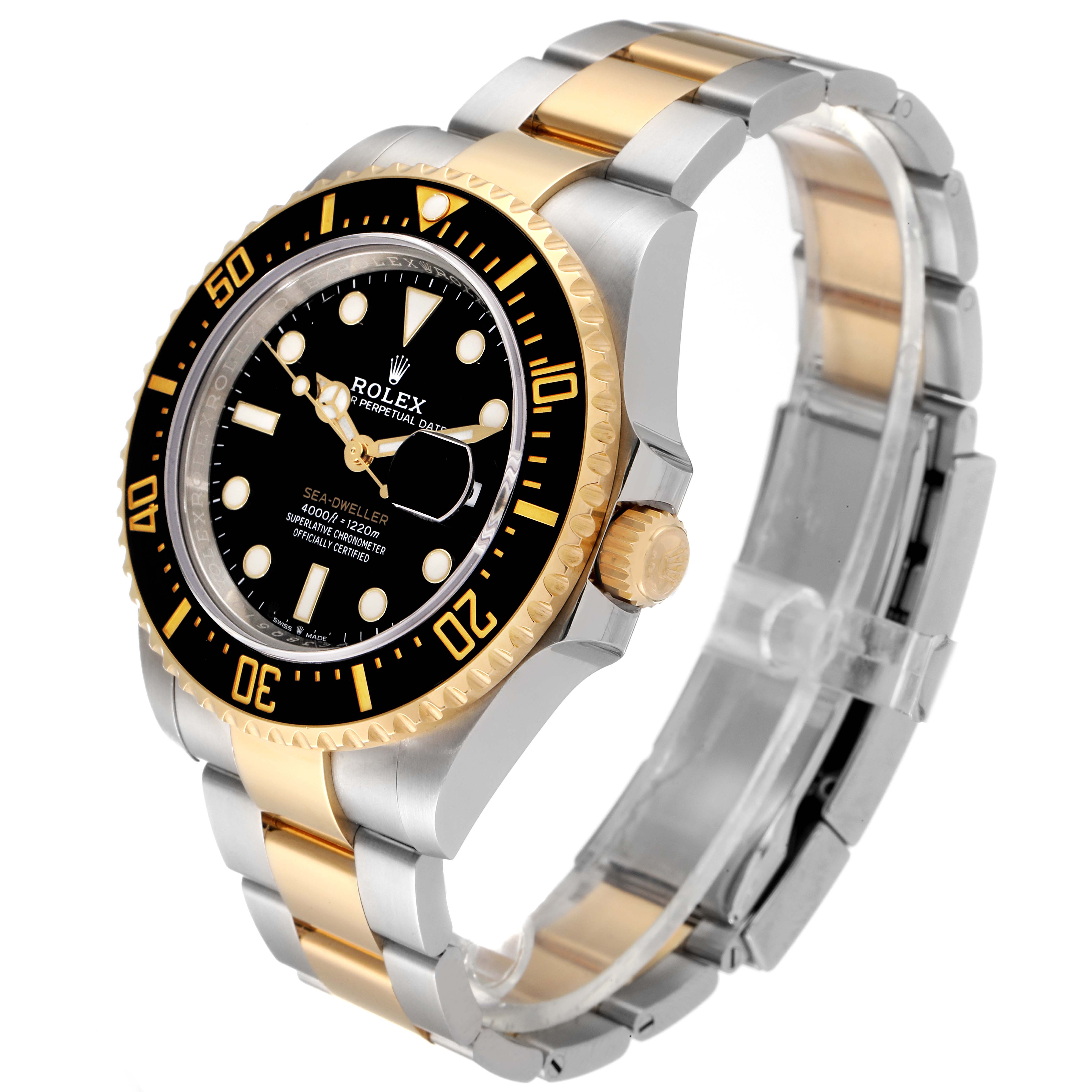 The image shows a Rolex Sea-Dweller 126603 Men's Steel and Gold (two tone) Black Dial 126603 Men's Steel and Gold (two tone) Black Dial watch at an angled view, highlighting its bezel, dial, and two-tone bracelet.
