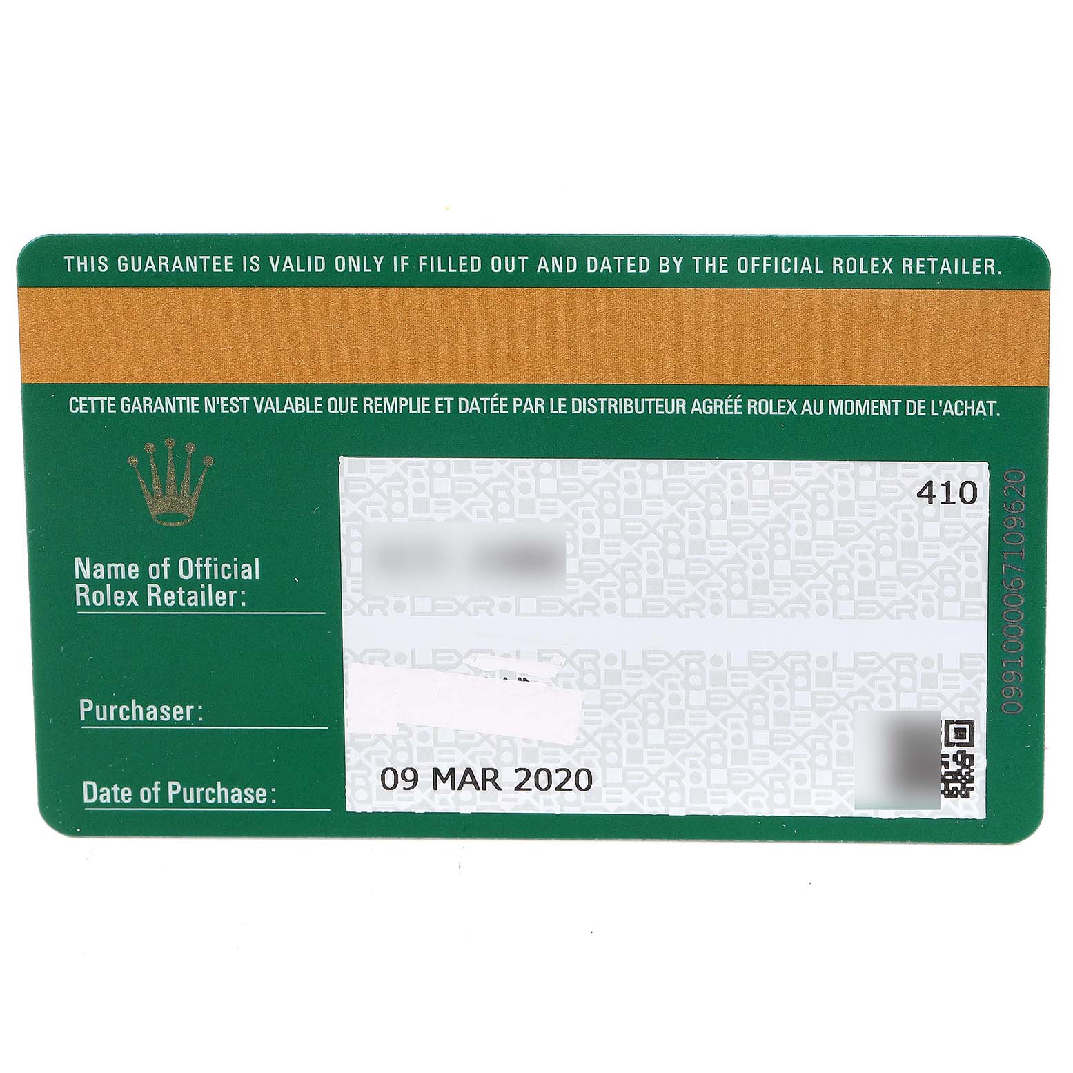 This image shows the official warranty card for a Rolex Sea-Dweller 126603 Men's Steel and Gold (two tone) Black Dial 126603 Men's Steel and Gold (two tone) Black Dial watch, dated March 9, 2020.