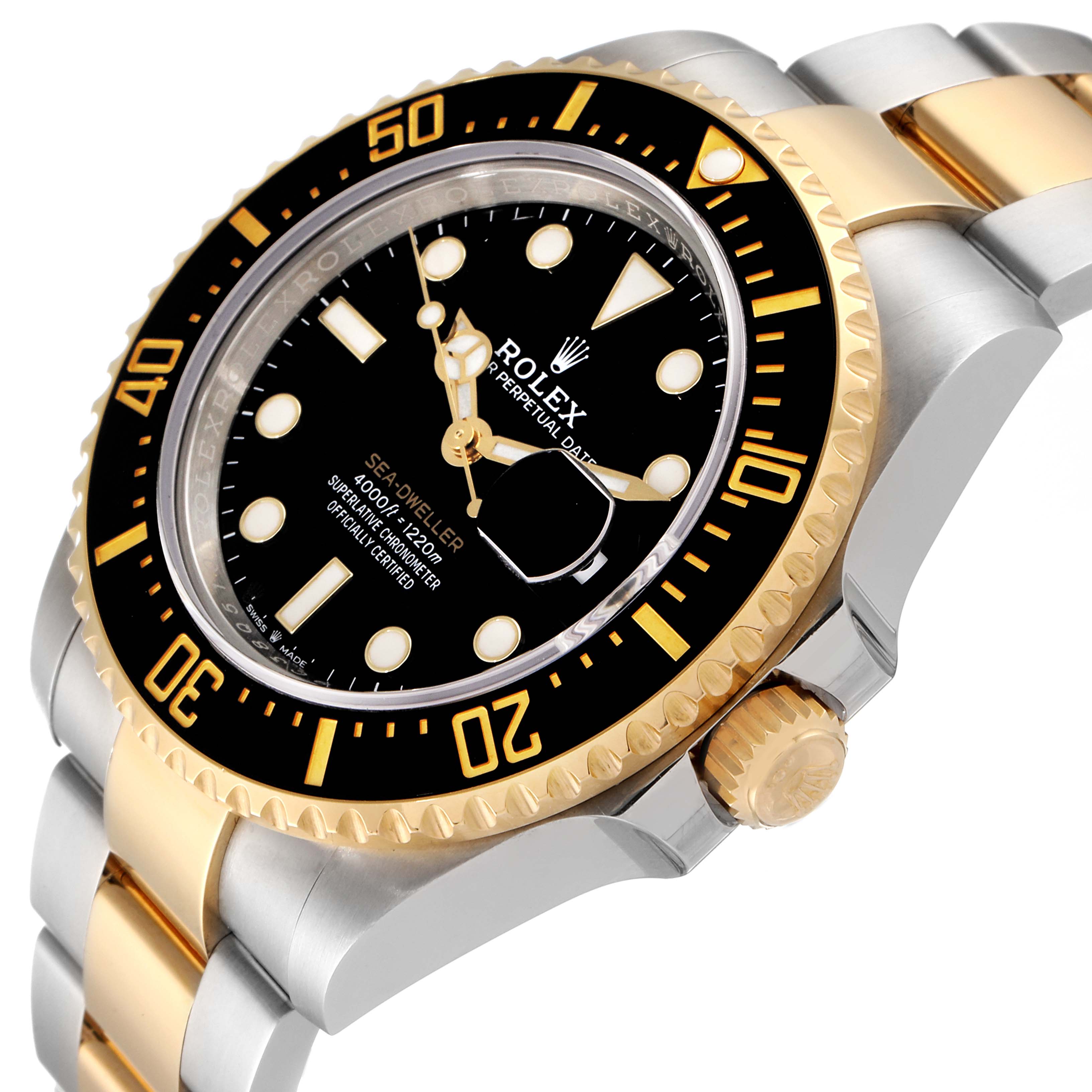 The image shows a close-up angle of the Rolex Sea-Dweller 126603 Men's Steel and Gold (two tone) Black Dial 126603 Men's Steel and Gold (two tone) Black Dial watch's face, bezel, and part of the bracelet.
