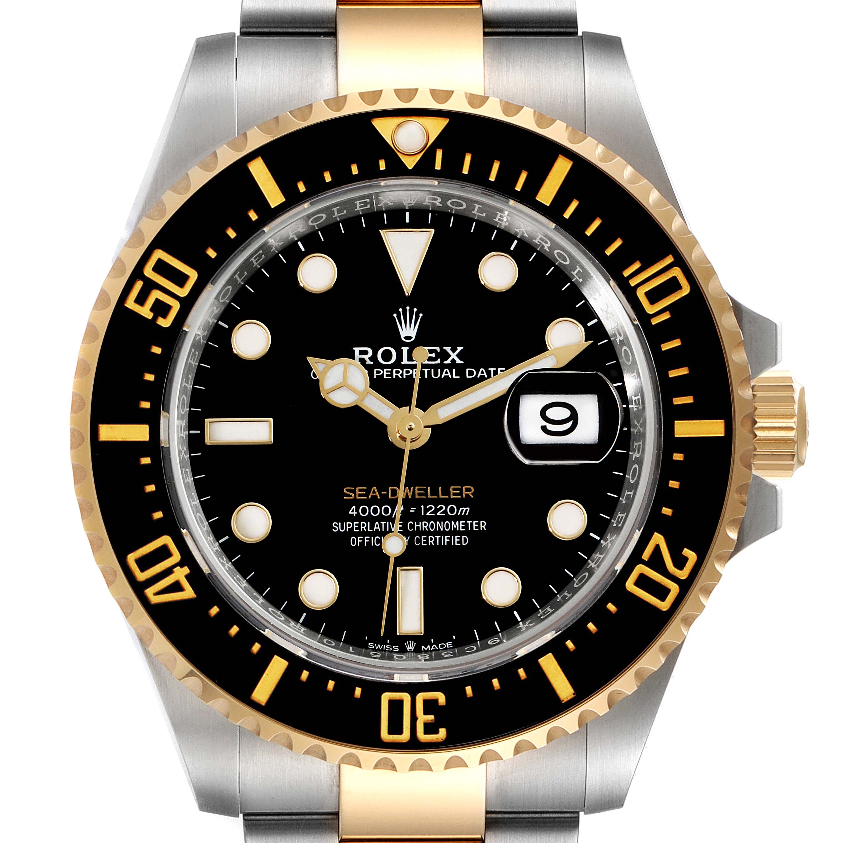 The image shows a frontal view of the Rolex Sea-Dweller 126603 Men's Steel and Gold (two tone) Black Dial 126603 Men's Steel and Gold (two tone) Black Dial watch, highlighting the dial, bezel, and part of the bracelet.