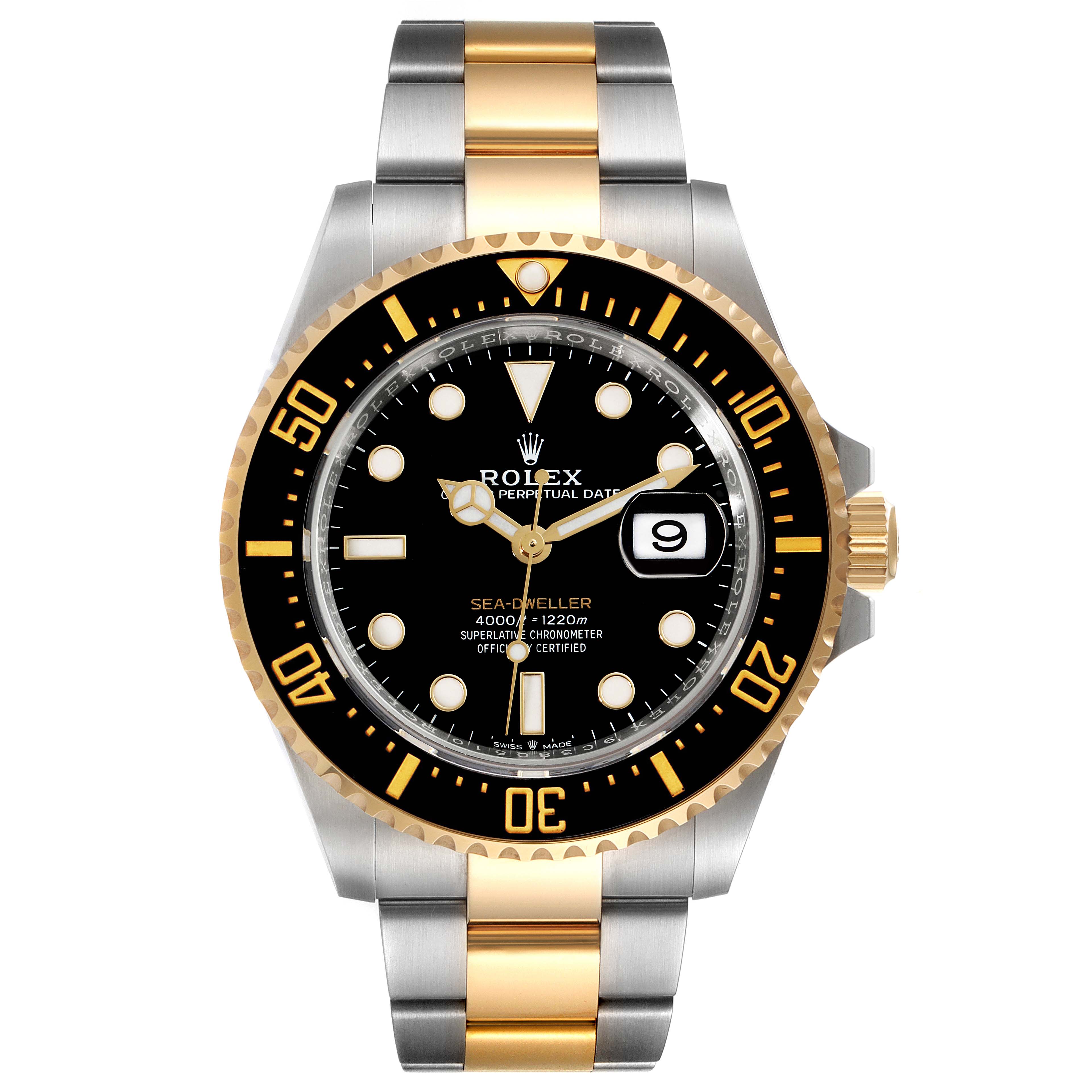 This image shows a front view of a Rolex Sea-Dweller 126603 Men's Steel and Gold (two tone) Black Dial 126603 Men's Steel and Gold (two tone) Black Dial watch, featuring its bezel, dial, hands, and two-tone bracelet.