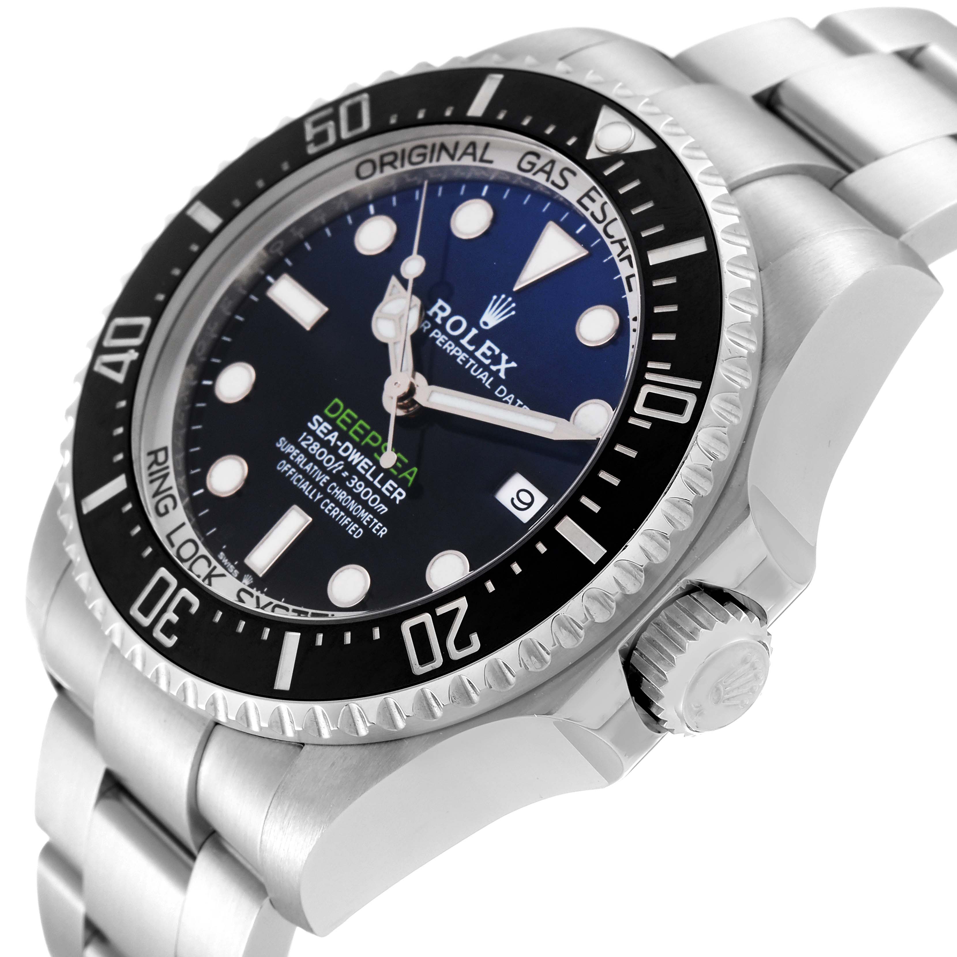 The Rolex Sea-Dweller 126660 Men
s Stainless Steel Blue Dial 126660 Men
s Stainless Steel Blue Dial watch is shown at an angle from the front-left, displaying its face, bezel, and part of the bracelet.