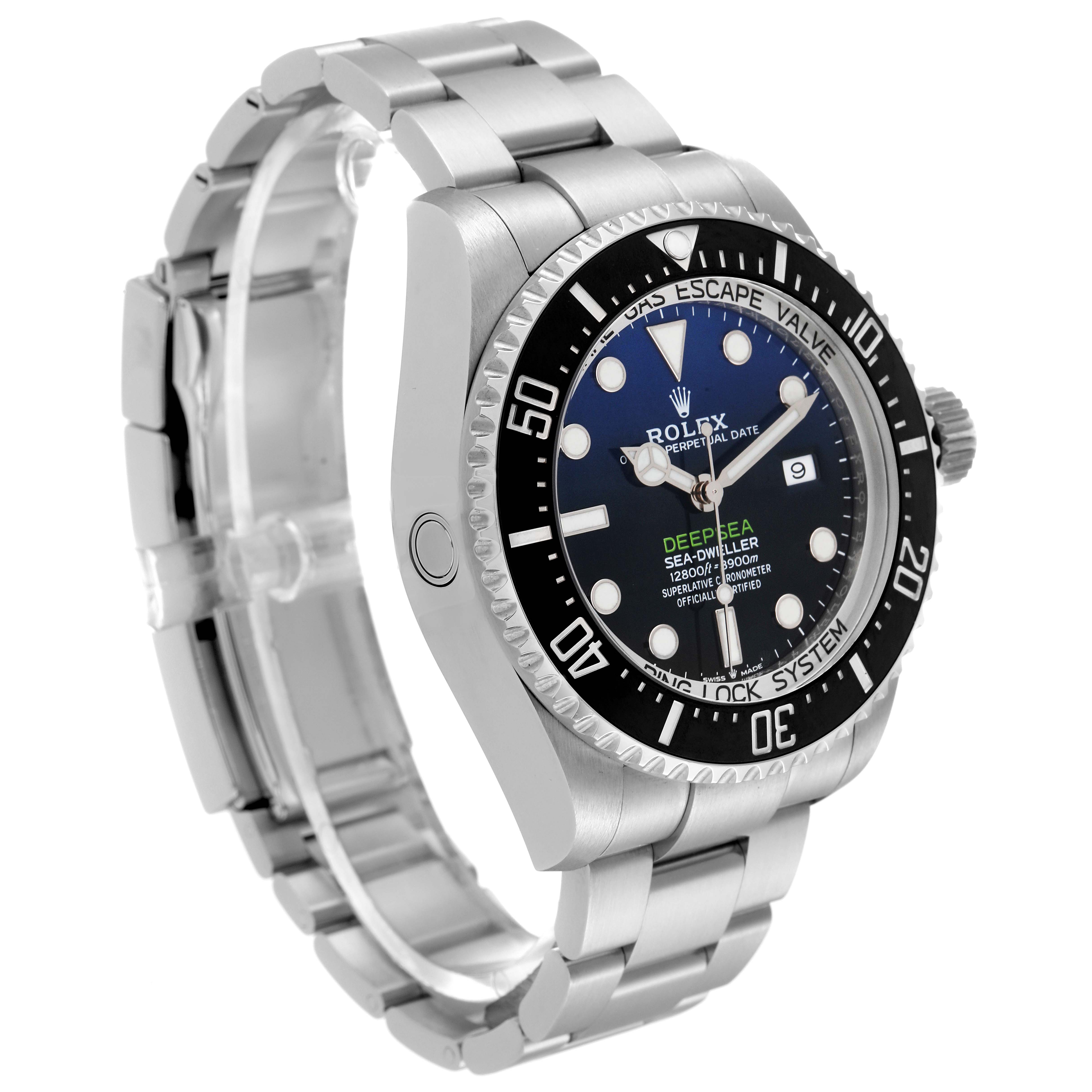 The image shows a side angle of the Rolex Sea-Dweller 126660 Men
s Stainless Steel Blue Dial 126660 Men
s Stainless Steel Blue Dial watch, highlighting the bezel, dial, and stainless steel bracelet.
