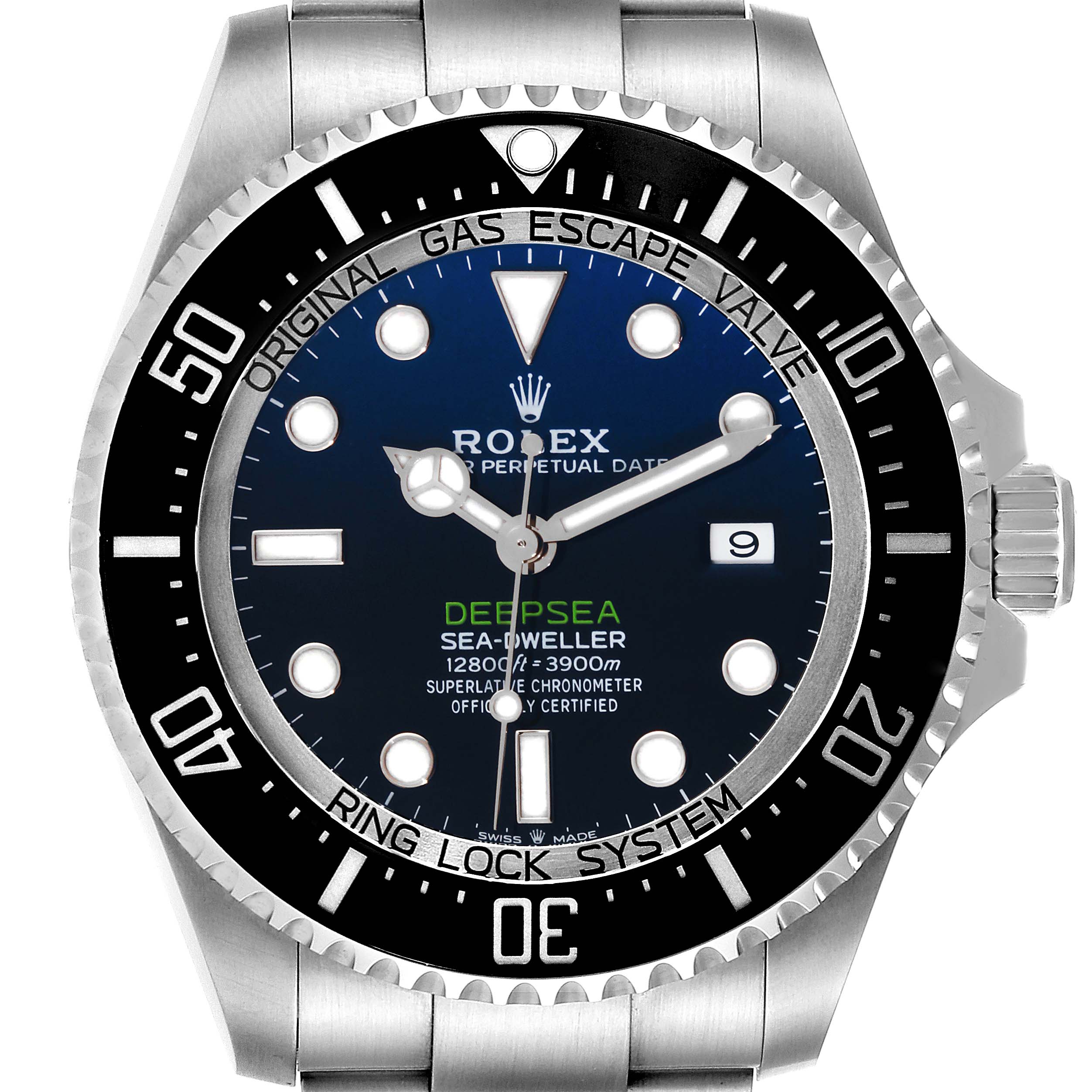 The Rolex Sea-Dweller 126660 Men
s Stainless Steel Blue Dial 126660 Men
s Stainless Steel Blue Dial watch is shown from the front, highlighting its dial, bezel, markers, and crown.