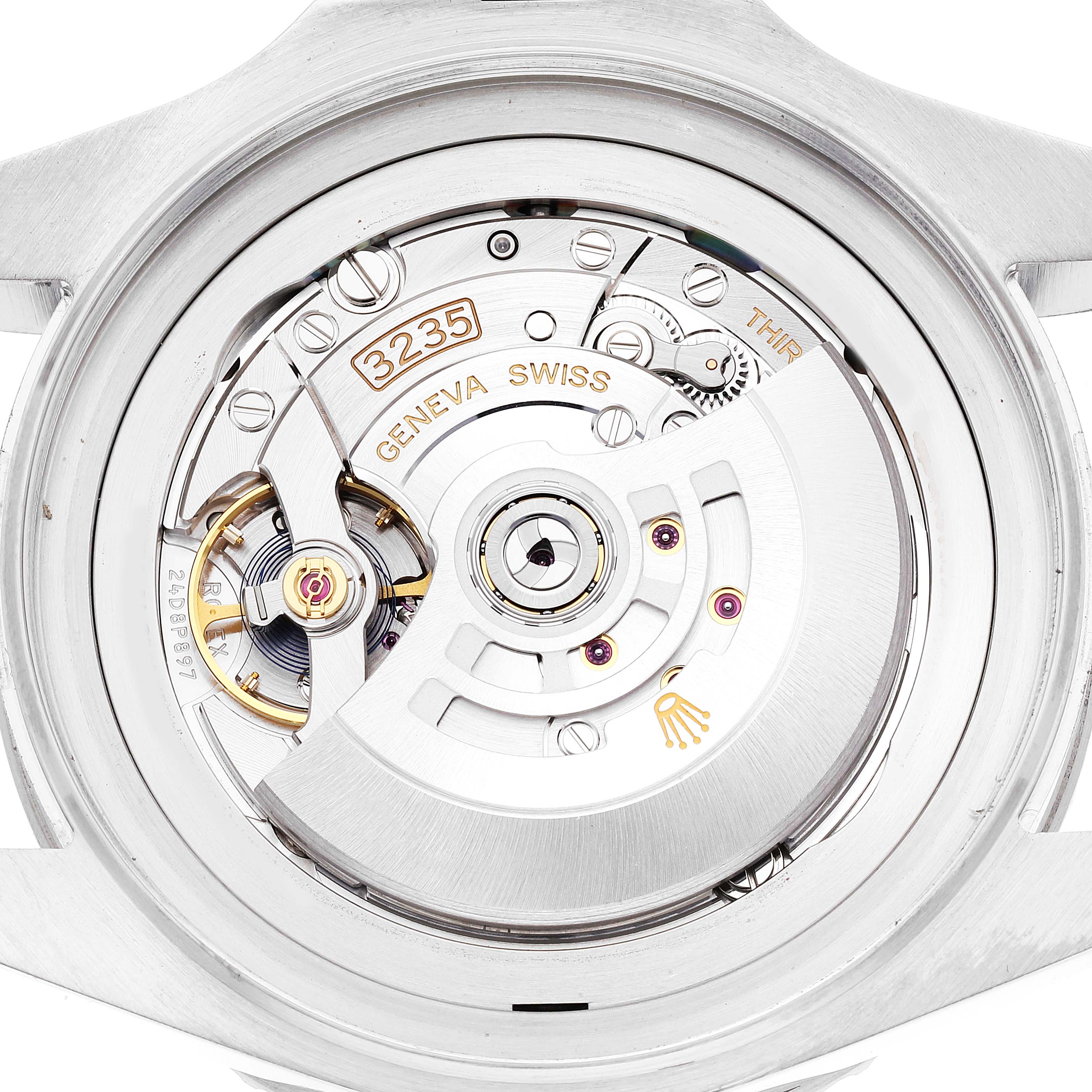 This image shows the internal mechanism of the Rolex Sea-Dweller 126660 Men
s Stainless Steel Blue Dial 126660 Men
s Stainless Steel Blue Dial watch from a rear angle, highlighting the intricate movement components marked "3235" and "GENEVA SWISS."