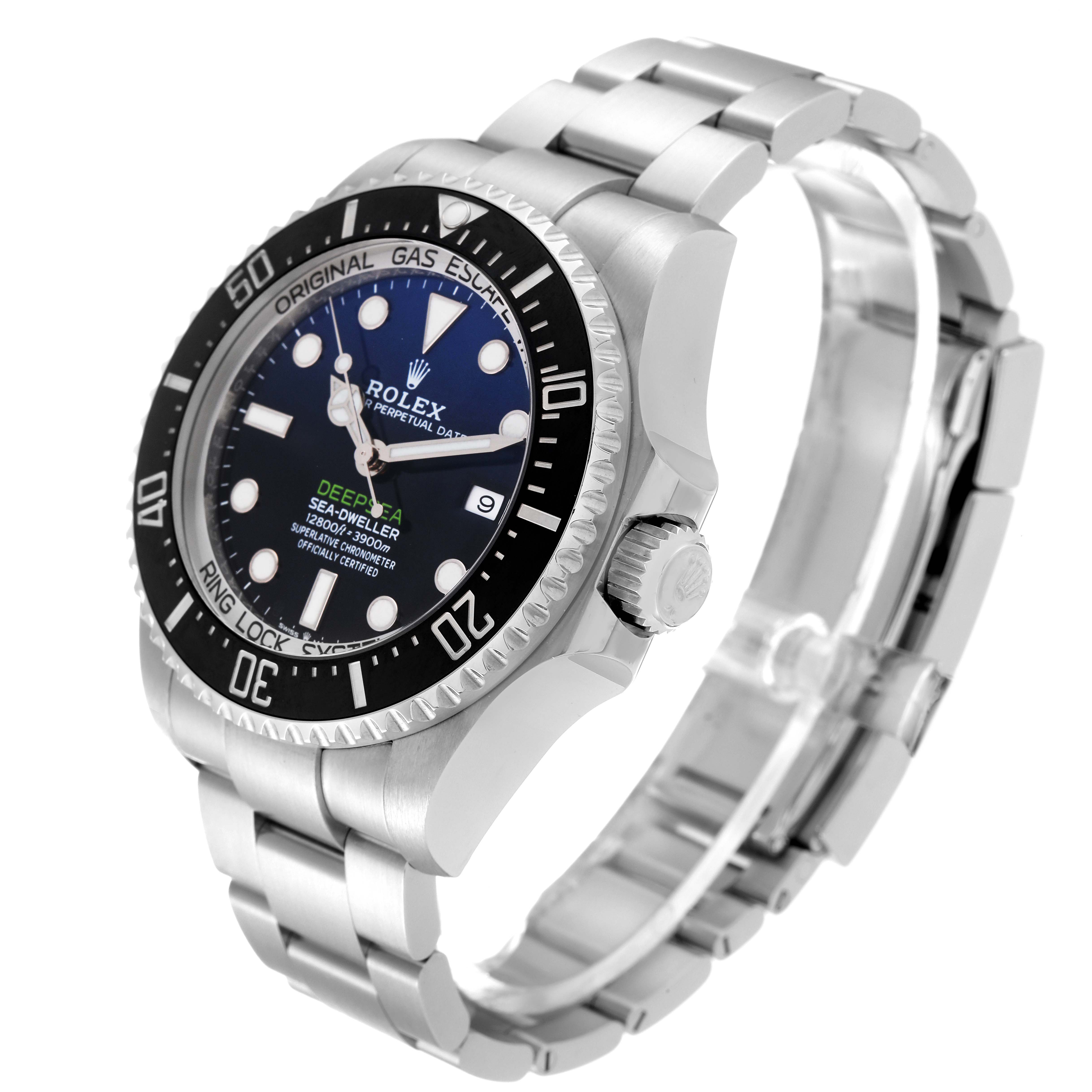 The image shows a side and slightly top angle of a Rolex Sea-Dweller 126660 Men
s Stainless Steel Blue Dial 126660 Men
s Stainless Steel Blue Dial watch, showcasing its bezel, dial, bracelet, and crown.