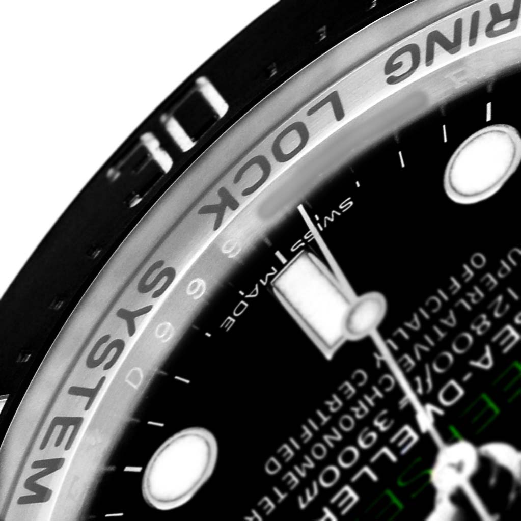 The image shows a close-up of the Rolex Sea-Dweller 116660 Men's Stainless Steel Blue Dial watch's bezel and dial, highlighting the "RING LOCK SYSTEM" and part of the face.