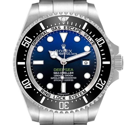 The image shows a front view of the Rolex Sea-Dweller 116660 Men's Stainless Steel Blue Dial watch, highlighting the dial, bezel, crown, and bracelet.