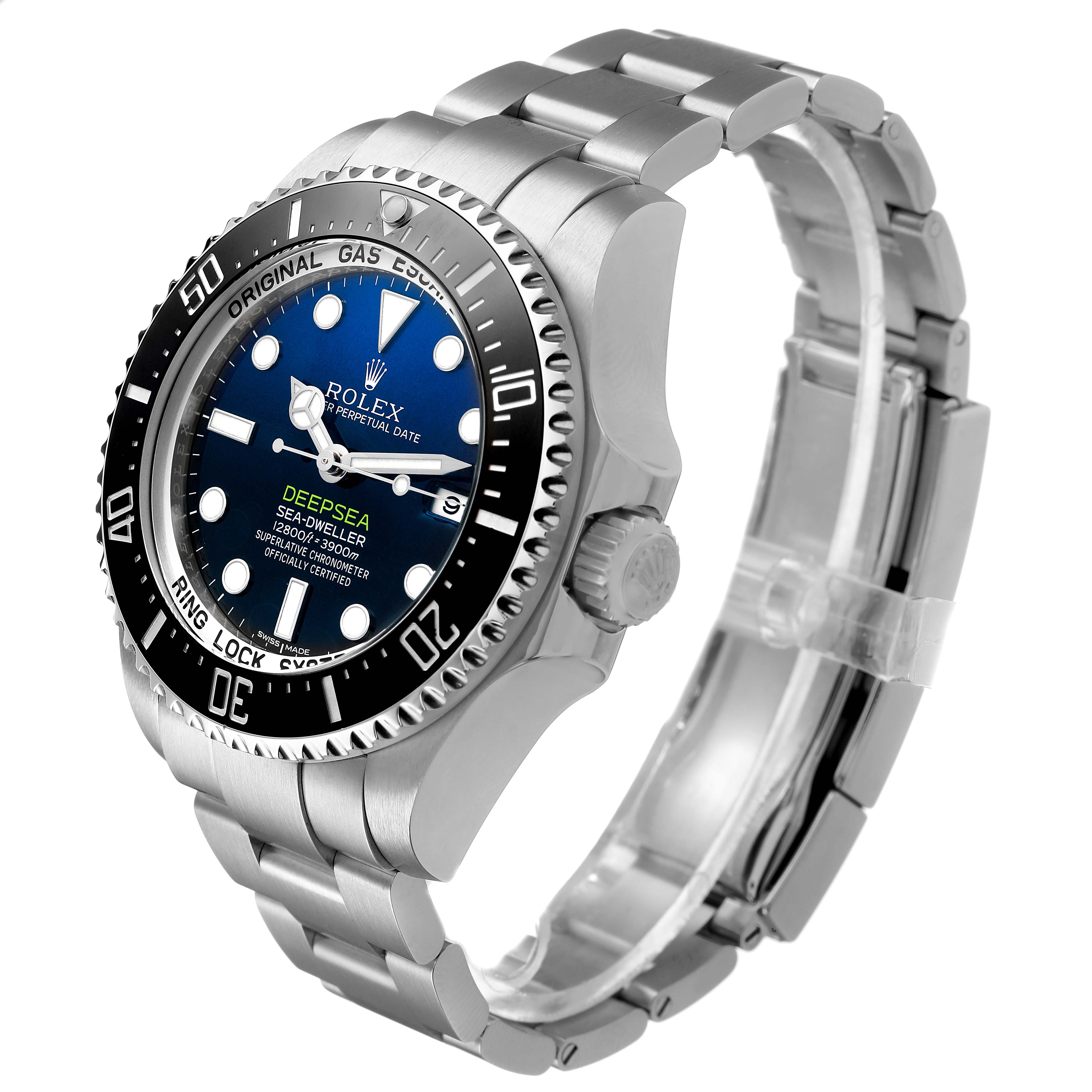 The Rolex Sea-Dweller 116660 Men's Stainless Steel Blue Dial watch is shown at a three-quarter angle, displaying the face, bezel, crown, and part of the bracelet.