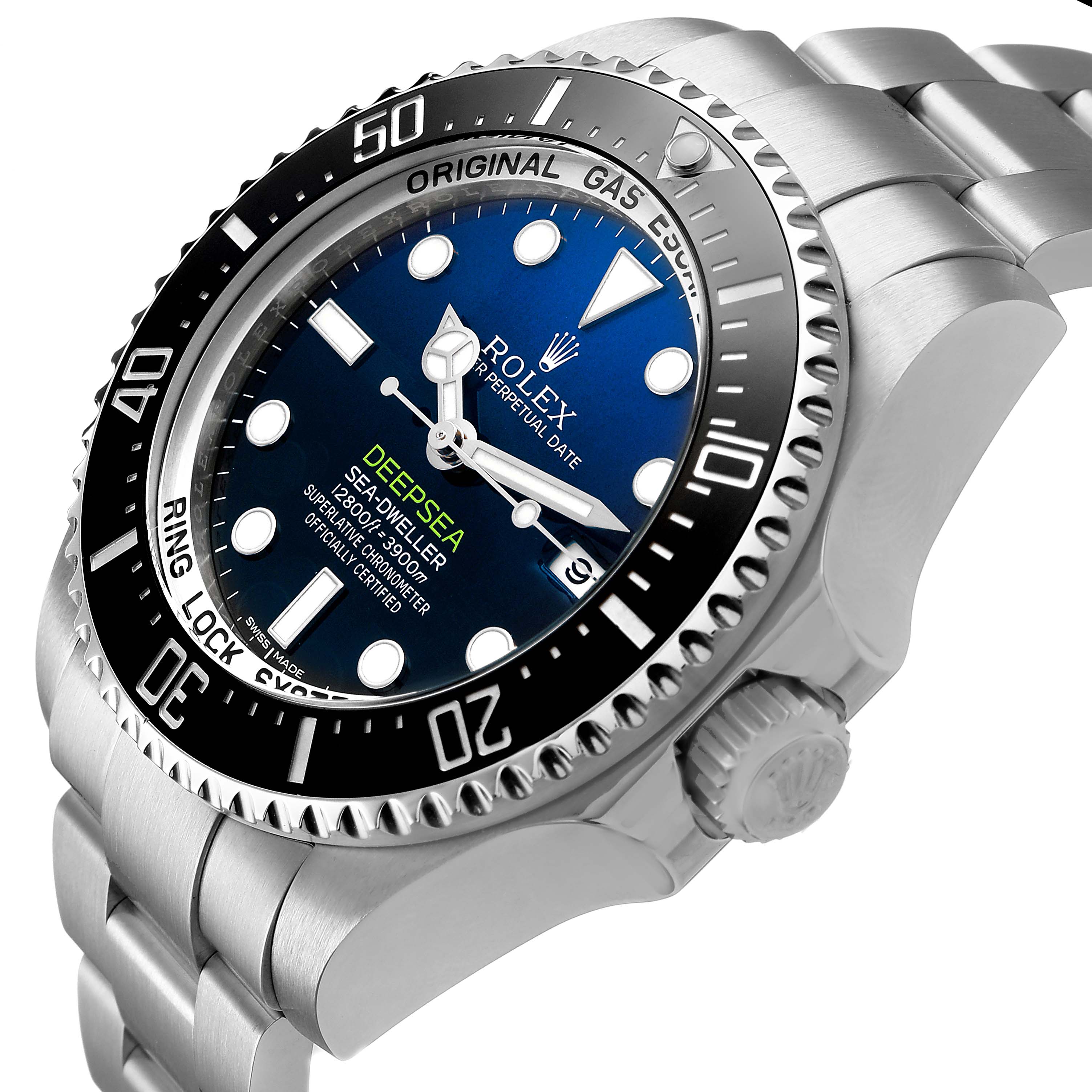 The Rolex Sea-Dweller 116660 Men's Stainless Steel Blue Dial watch is shown at an angled side view, highlighting its bezel, dial, and crown.
