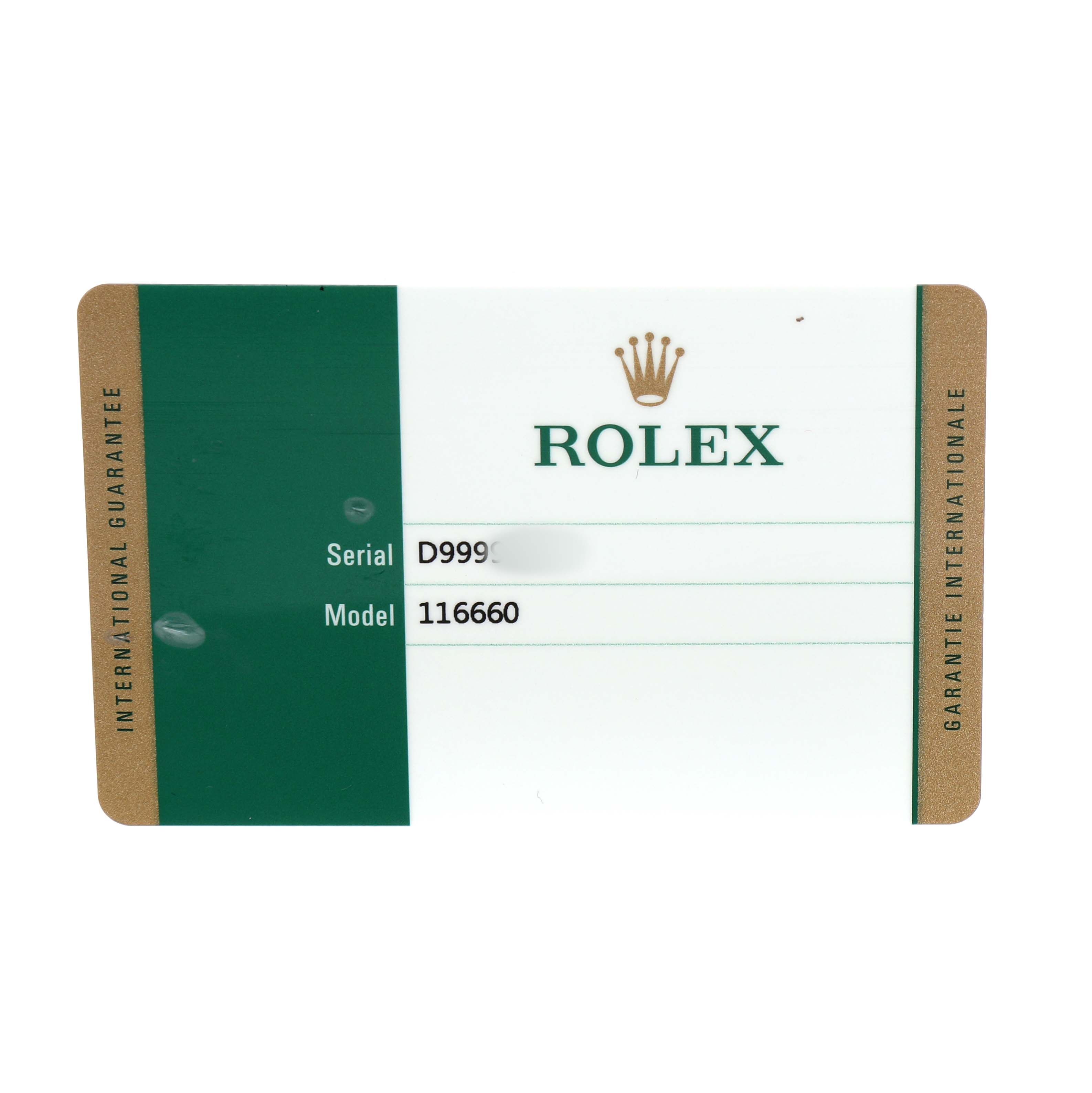 The image shows an International Guarantee Card for the Rolex Sea-Dweller 116660 Men's Stainless Steel Blue Dial model 116660.