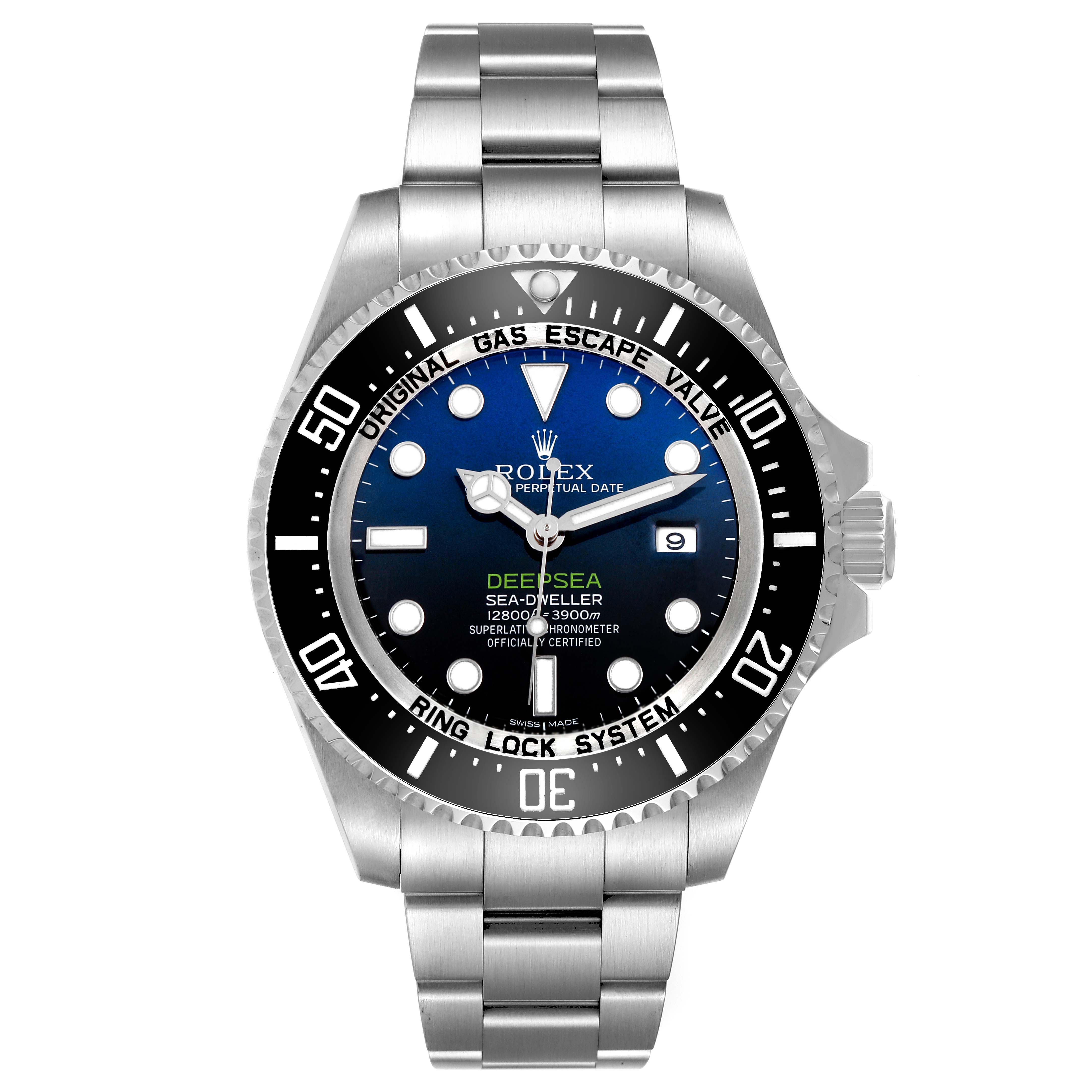The Rolex Sea-Dweller 116660 Men's Stainless Steel Blue Dial watch is shown from a front angle, highlighting its dial, bezel, and stainless steel bracelet.