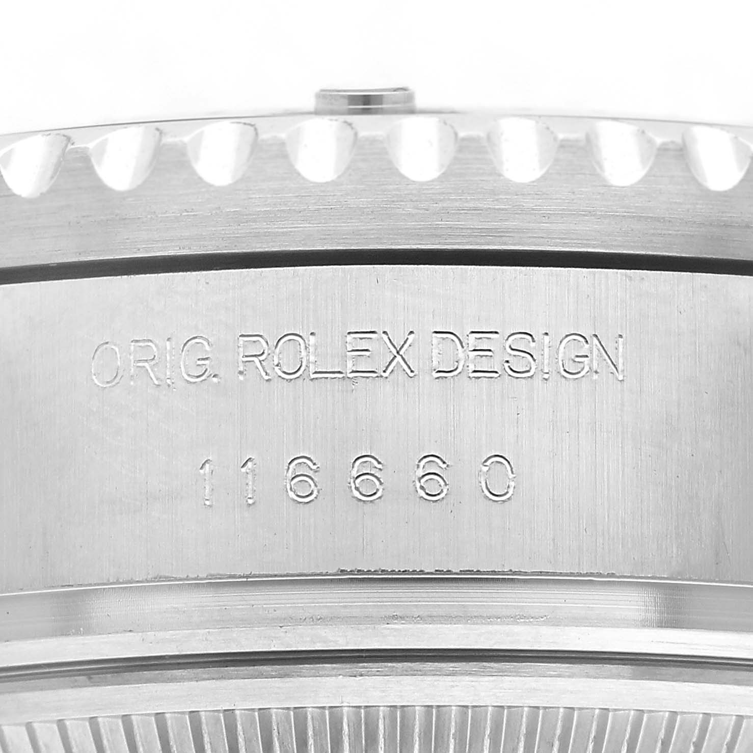 This image shows a close-up of the case back edge of the Rolex Sea-Dweller 116660 Men's Stainless Steel Blue Dial, highlighting the engraved model number 116660.
