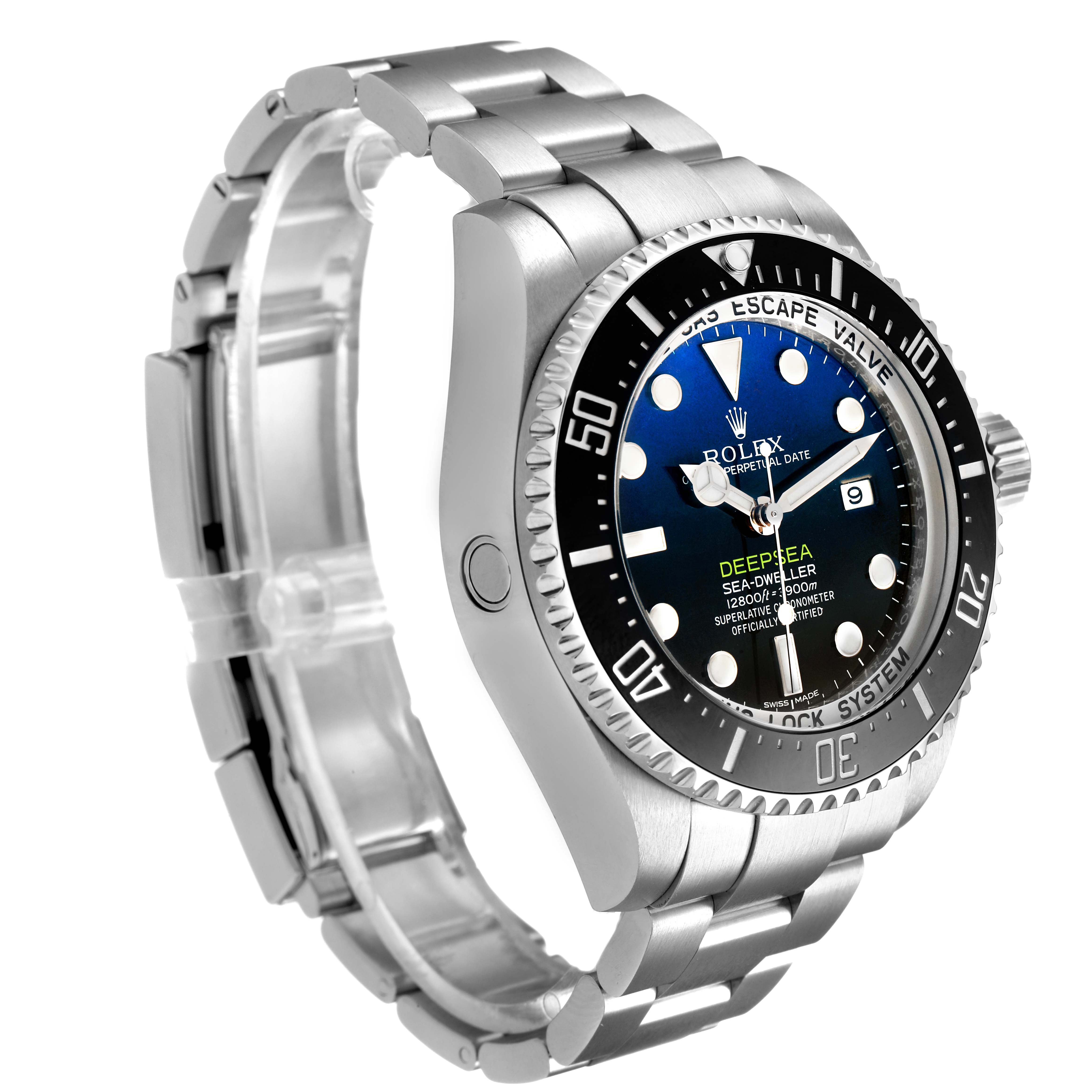 The Rolex Sea-Dweller 116660 Men's Stainless Steel Blue Dial watch is shown at a side angle, displaying the face, bezel, crown, and bracelet.