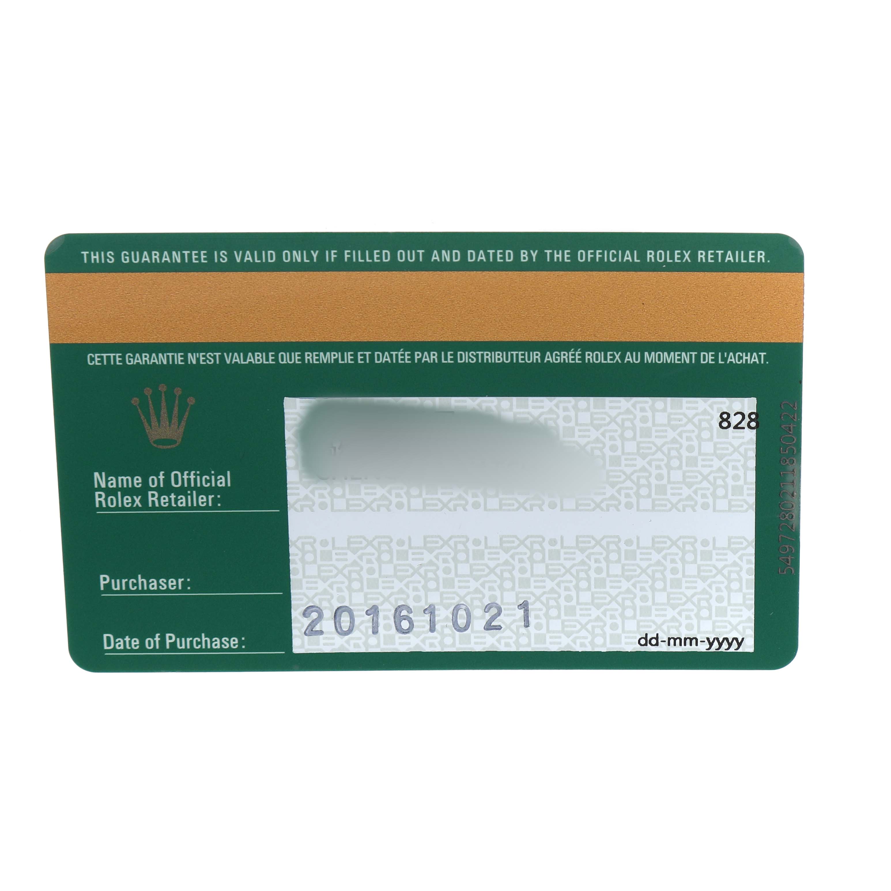The image shows a warranty card for the Rolex Sea-Dweller 116660 Men's Stainless Steel Blue Dial, displaying purchase details and branding.
