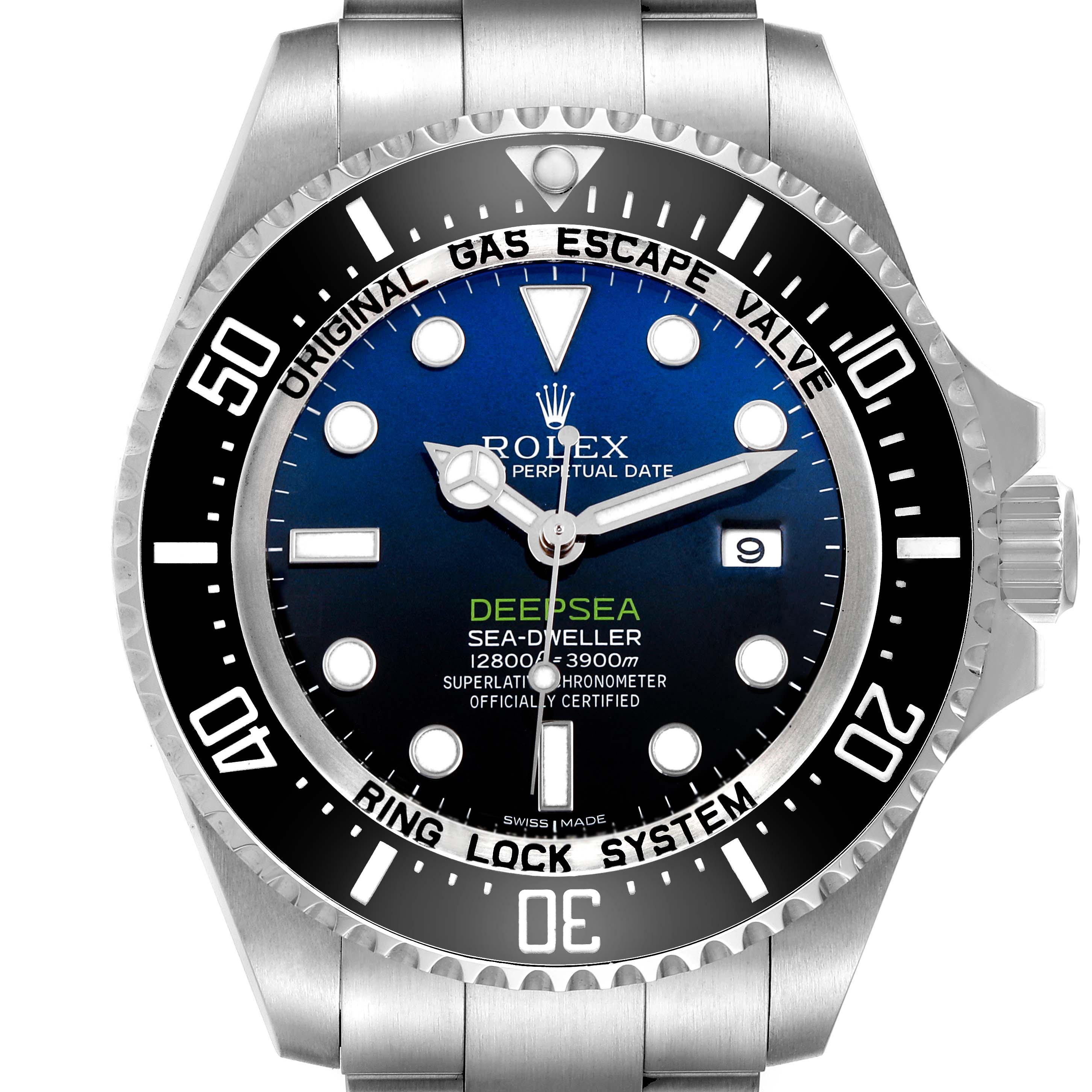 The Rolex Sea-Dweller 116660 Men's Stainless Steel Blue Dial is shown from a front angle, highlighting the dial, bezel, and crown.
