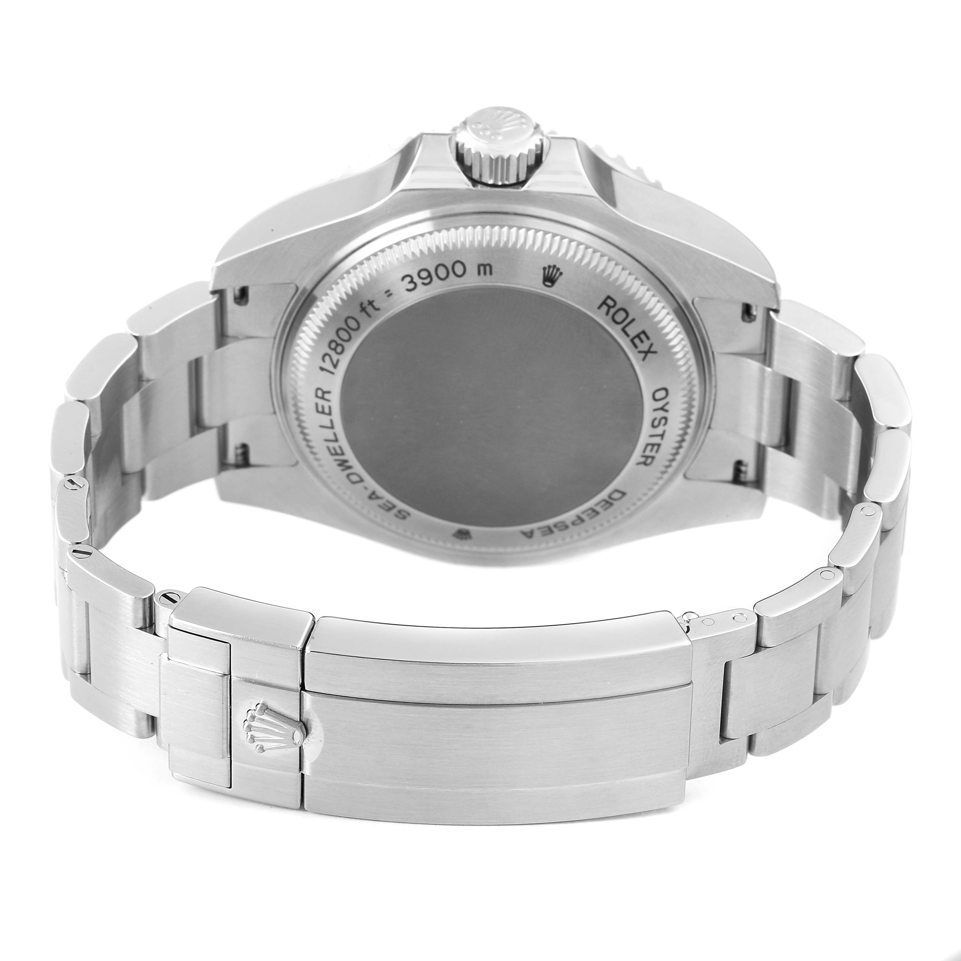 The image shows the back of the Rolex Sea-Dweller 116660 Men's Stainless Steel Blue Dial, highlighting its case back and bracelet clasp.