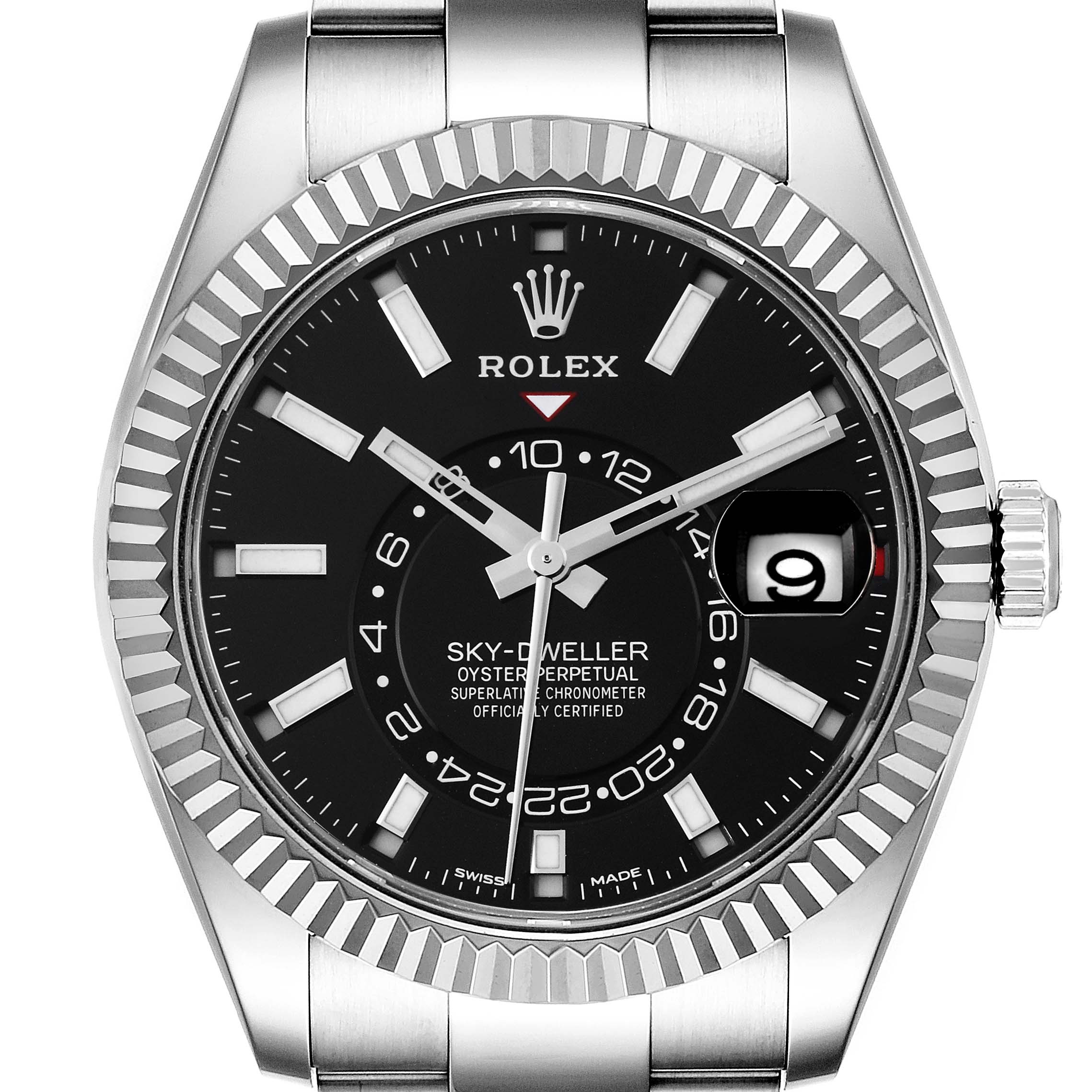 The image shows a front view of a Rolex Sky-Dweller 326934 Men's Stainless Steel Black Dial 326934 Men's Stainless Steel Black Dial watch displaying the dial, bezel, and part of the bracelet.
