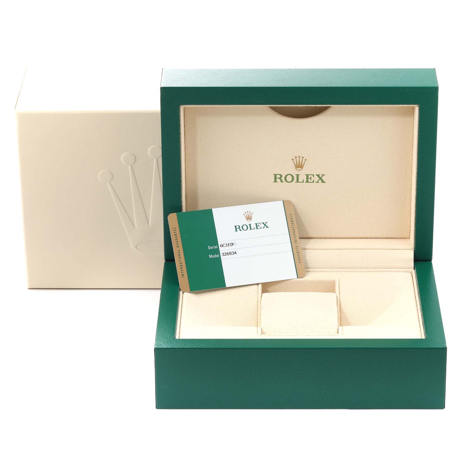 The image shows a Rolex Sky-Dweller 326934 Men's Stainless Steel Black Dial 326934 Men's Stainless Steel Black Dial box and warranty card from a front angle, with the outer box and cushion also visible.