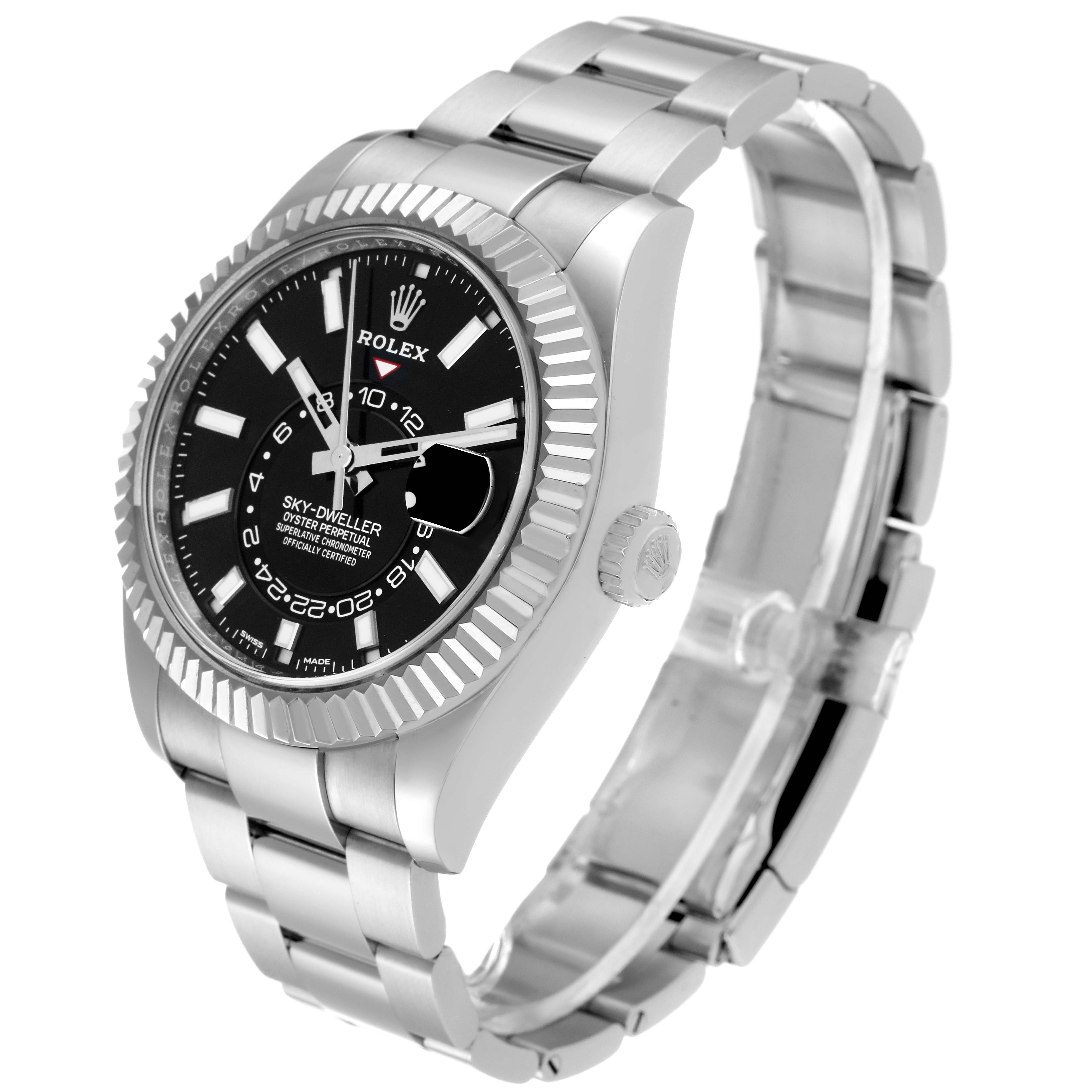 The Rolex Sky-Dweller 326934 Men's Stainless Steel Black Dial 326934 Men's Stainless Steel Black Dial watch is shown at a three-quarter angle, highlighting the face, bezel, crown, and part of the bracelet.