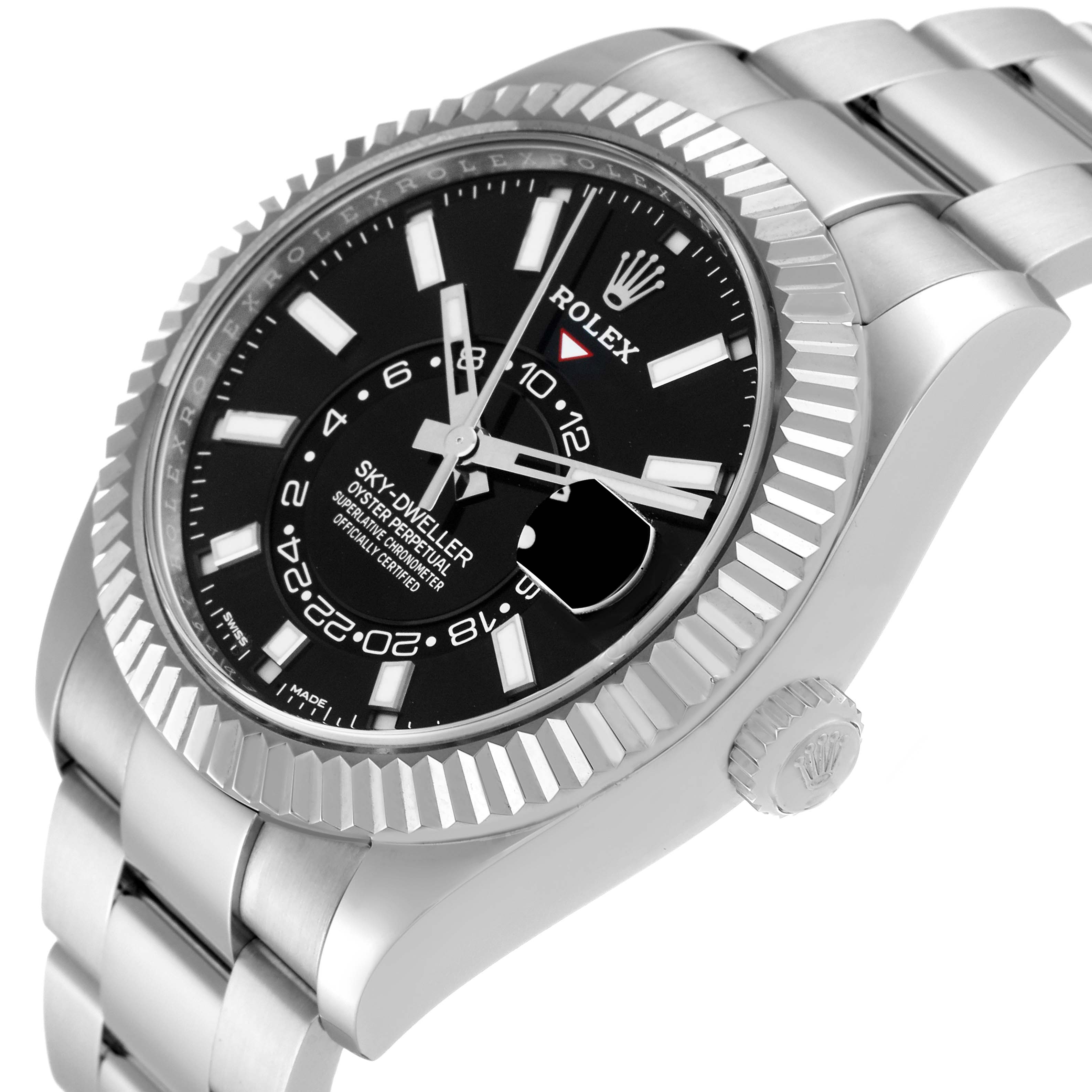 The image shows a Rolex Sky-Dweller 326934 Men's Stainless Steel Black Dial 326934 Men's Stainless Steel Black Dial from an angled top-side view, featuring its black dial, fluted bezel, and stainless steel bracelet.