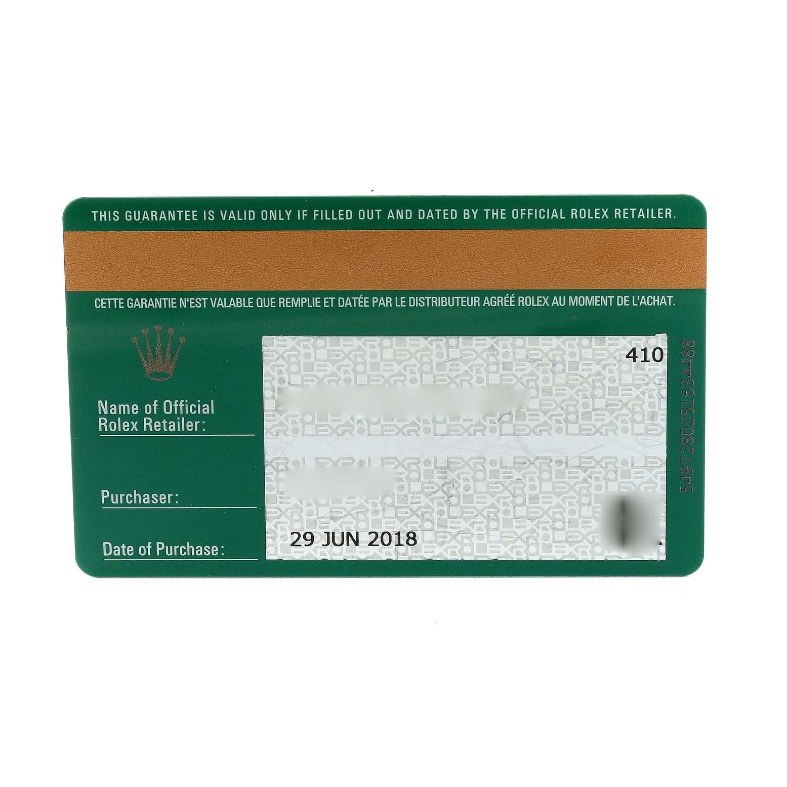 The image shows the warranty card for the Rolex Sky-Dweller 326934 Men's Stainless Steel Black Dial 326934 Men's Stainless Steel Black Dial model, including the date of purchase and retailer information.