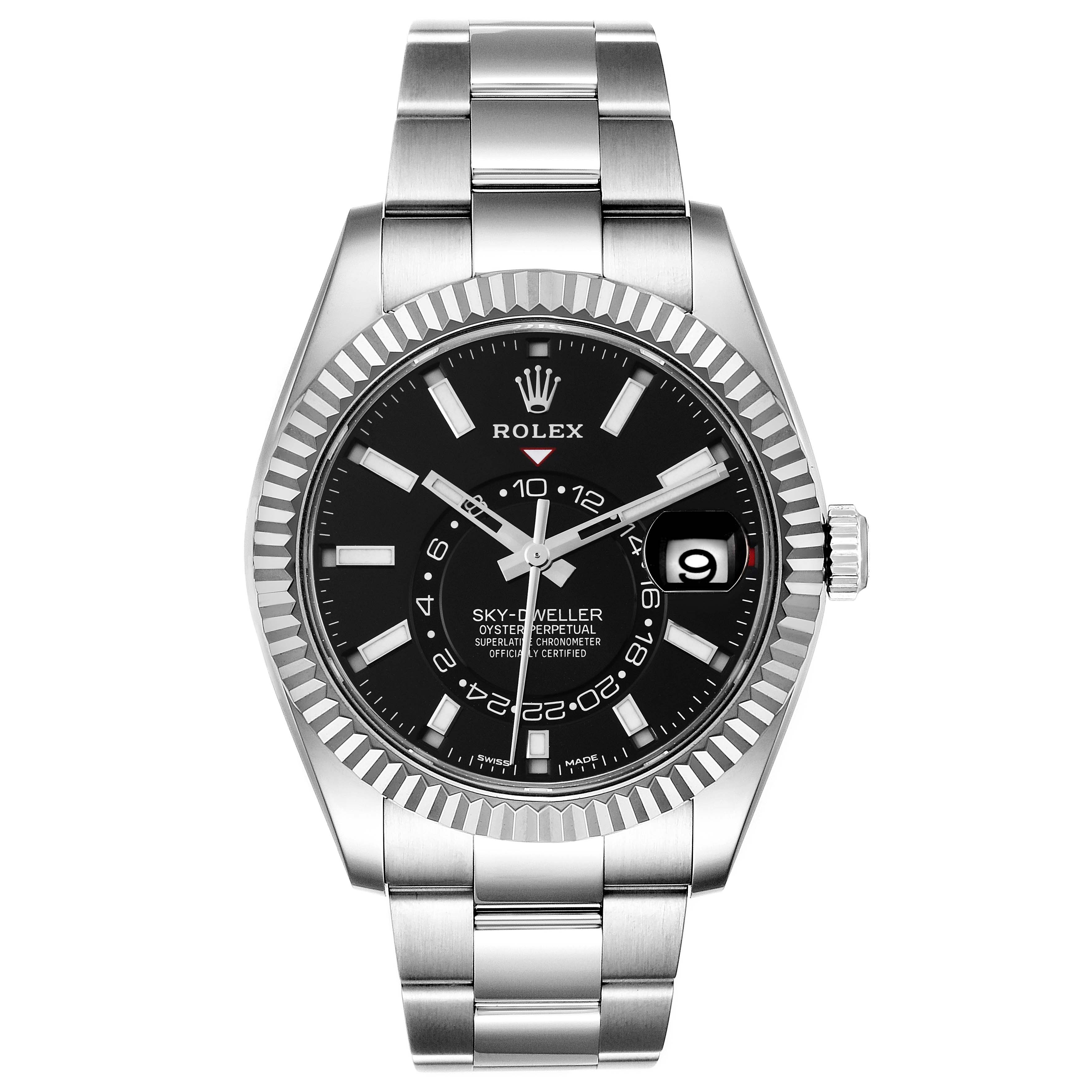 This image shows a front view of the Rolex Sky-Dweller 326934 Men's Stainless Steel Black Dial 326934 Men's Stainless Steel Black Dial, showcasing its black dial, polished bezel, and stainless steel bracelet.