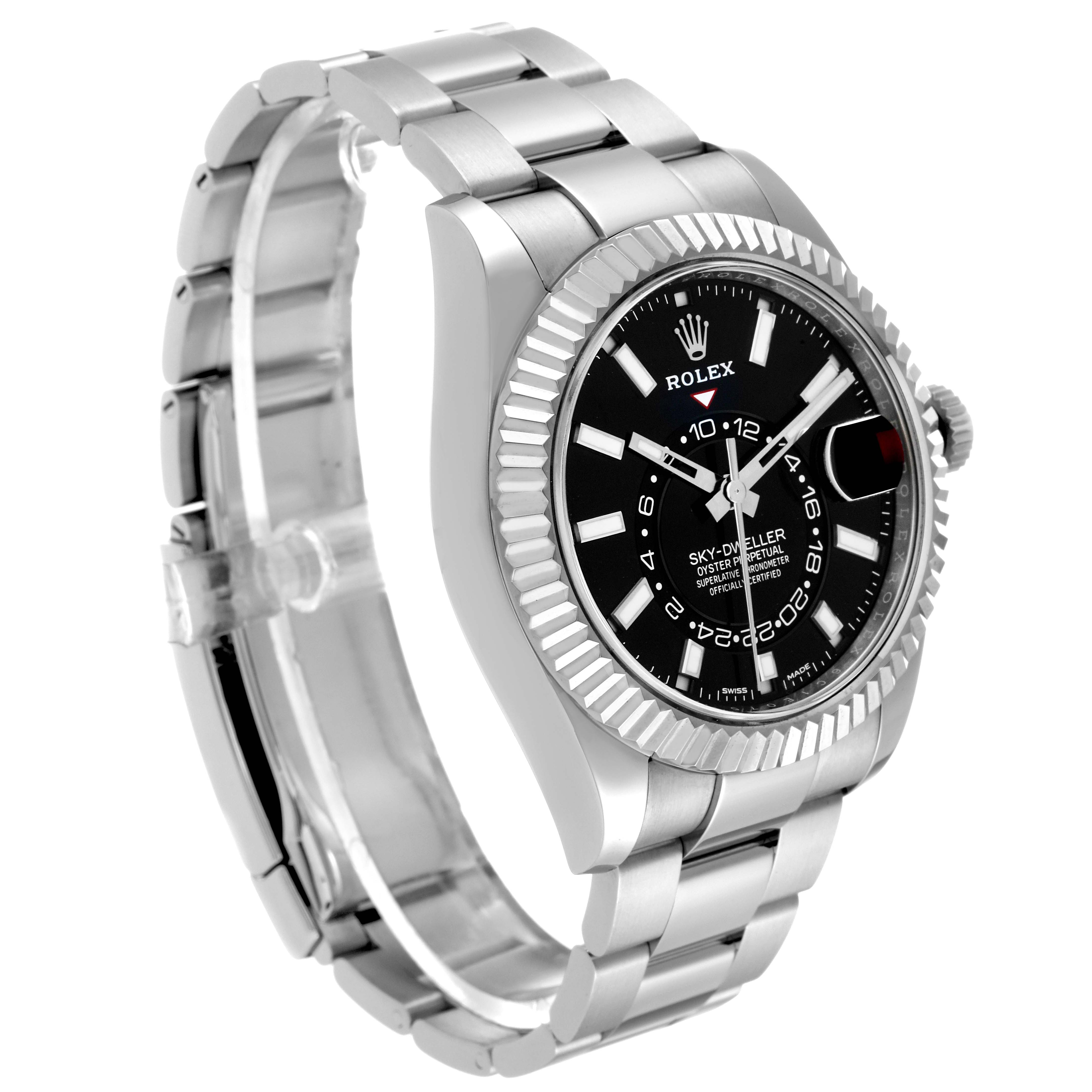 The image shows a Rolex Sky-Dweller 326934 Men's Stainless Steel Black Dial 326934 Men's Stainless Steel Black Dial watch at a three-quarter angle displaying the face, bezel, and bracelet.