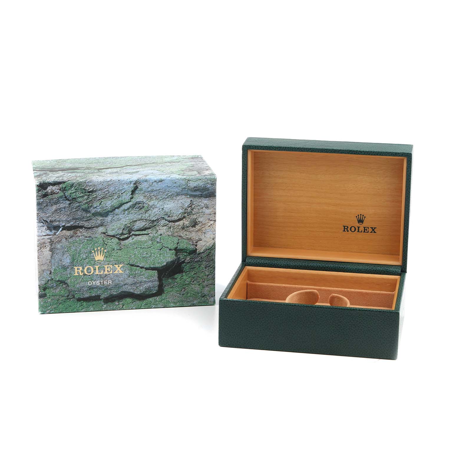 The image shows a Rolex Submariner 16610 Men's Stainless Steel Black Dial model watch box and outer box, both open, displaying the interior space for the watch.