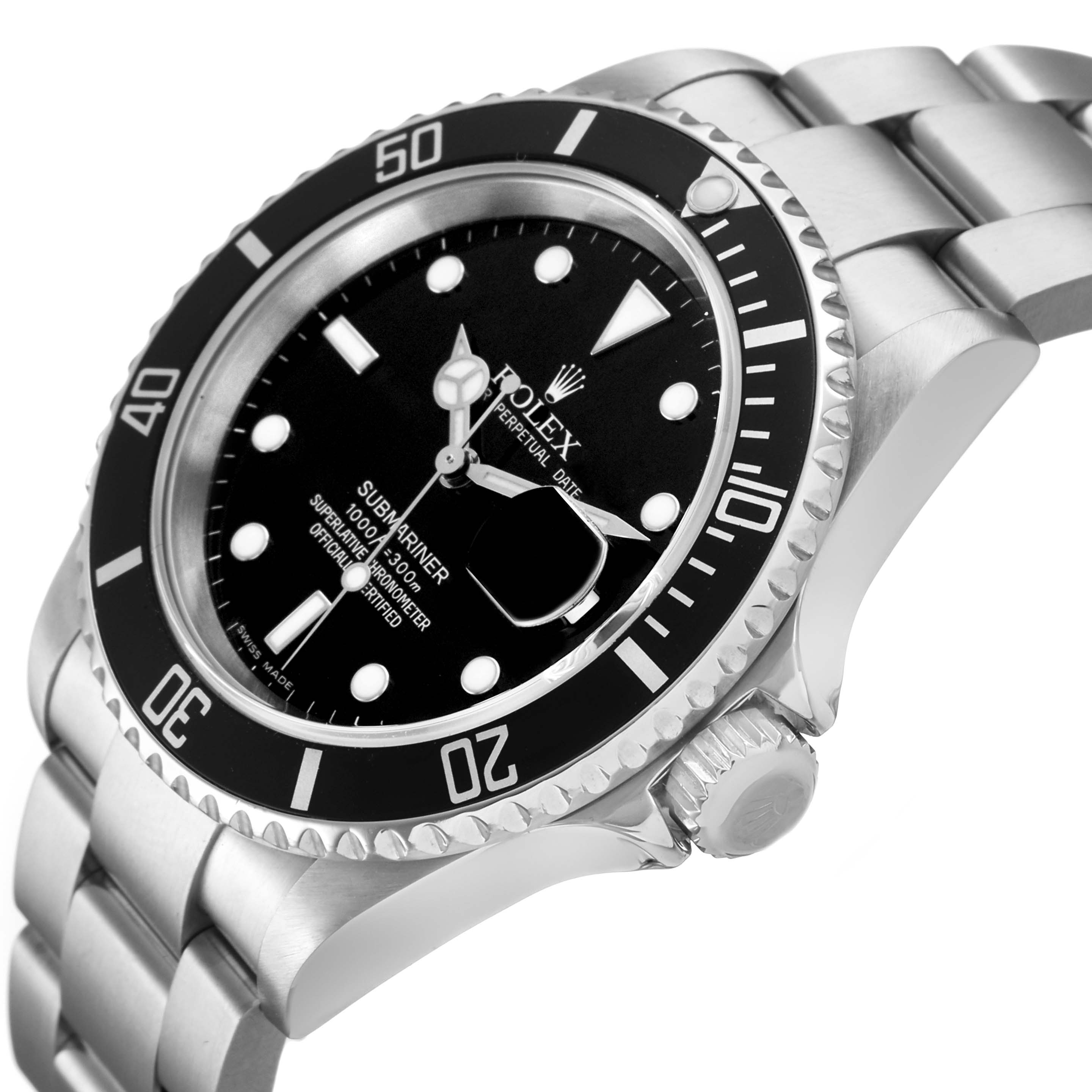 The Rolex Submariner 16610 Men's Stainless Steel Black Dial watch is shown at an angled side view, highlighting the bezel, bracelet, dial, and crown.