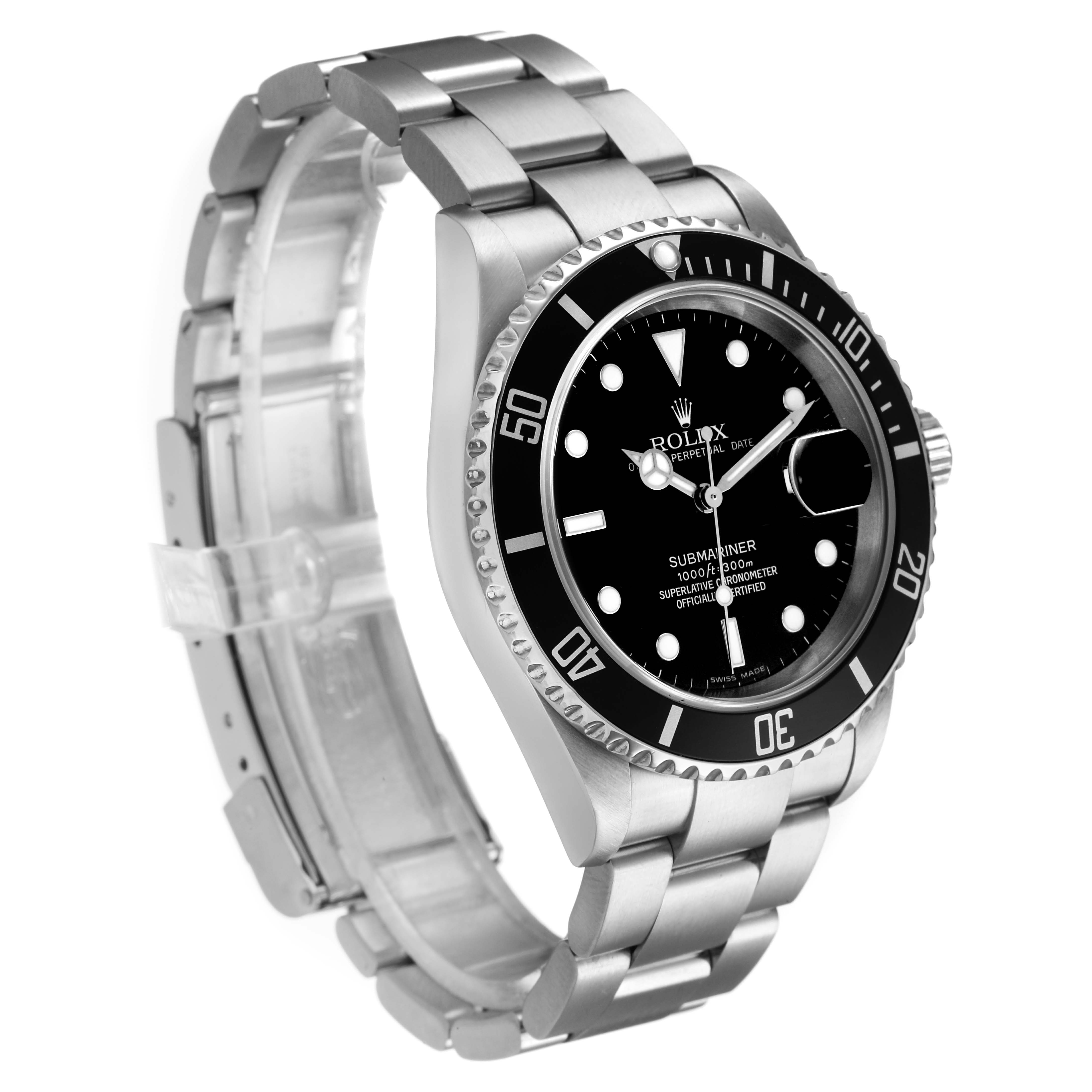 The Rolex Submariner 16610 Men's Stainless Steel Black Dial is shown at a slight angle, highlighting the dial, bezel, and bracelet.