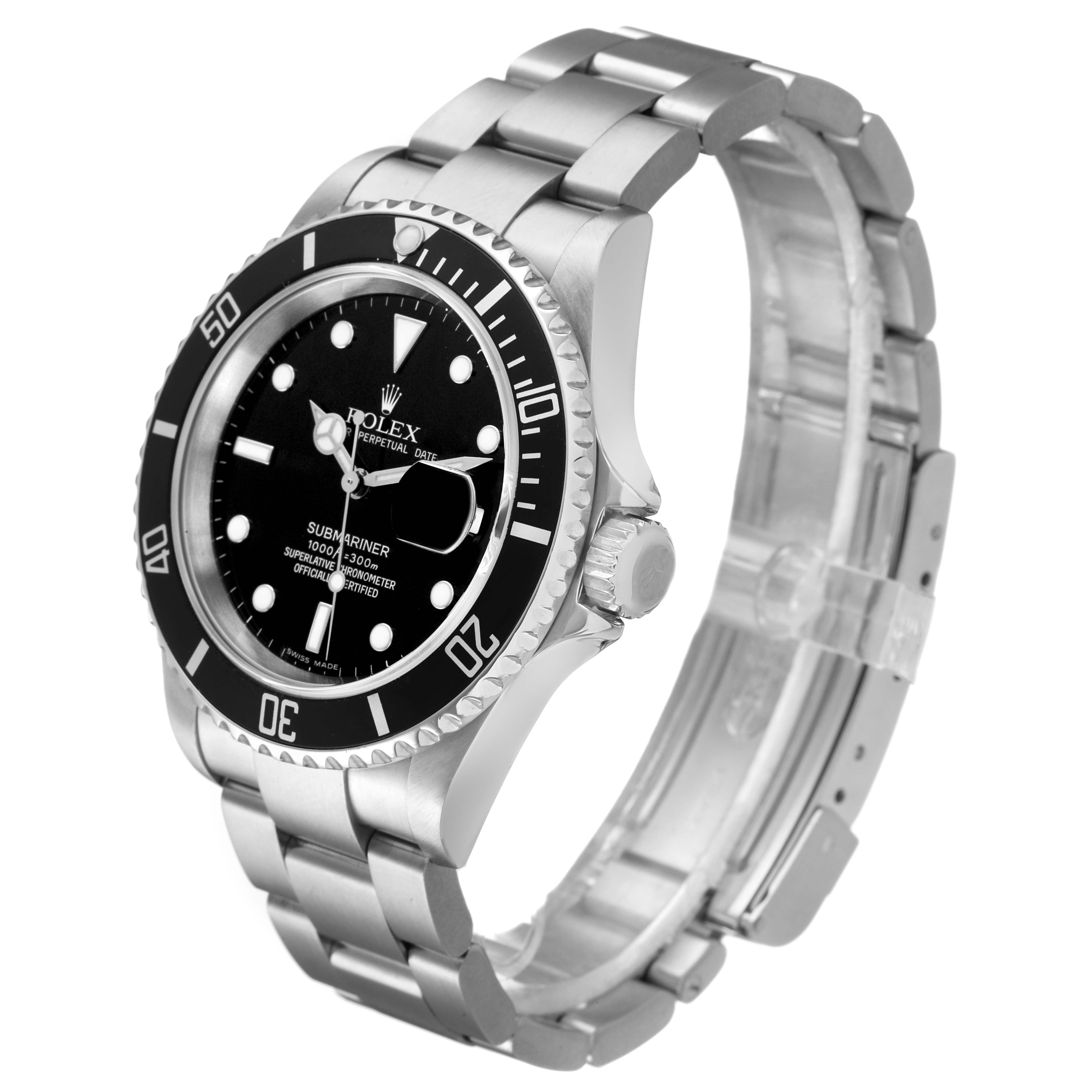 The Rolex Submariner 16610 Men's Stainless Steel Black Dial watch is shown at a slight angle, displaying the bezel, dial, bracelet, and crown.