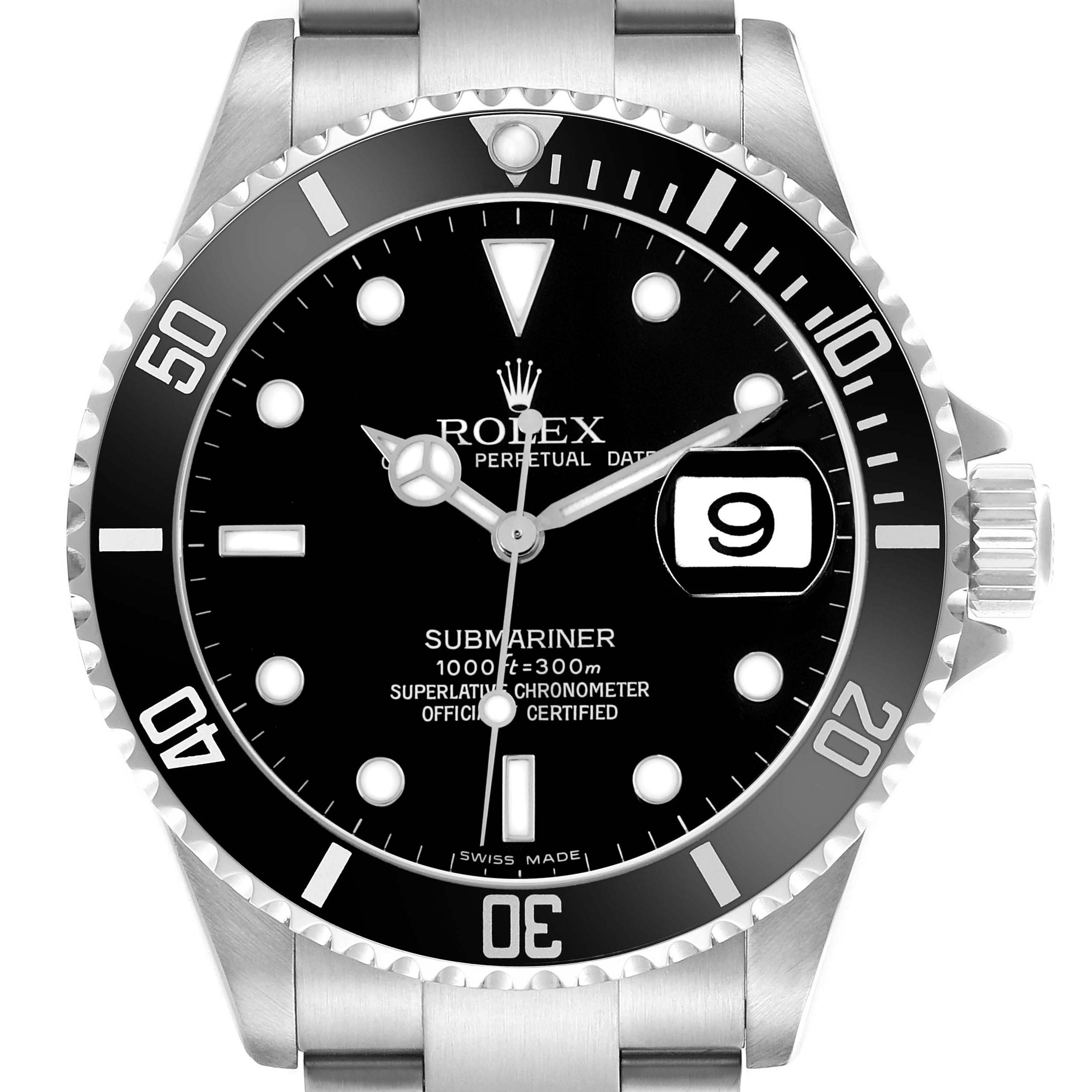 The Rolex Submariner 16610 Men's Stainless Steel Black Dial watch is shown from a front angle, displaying the dial, bezel, hands, and bracelet.