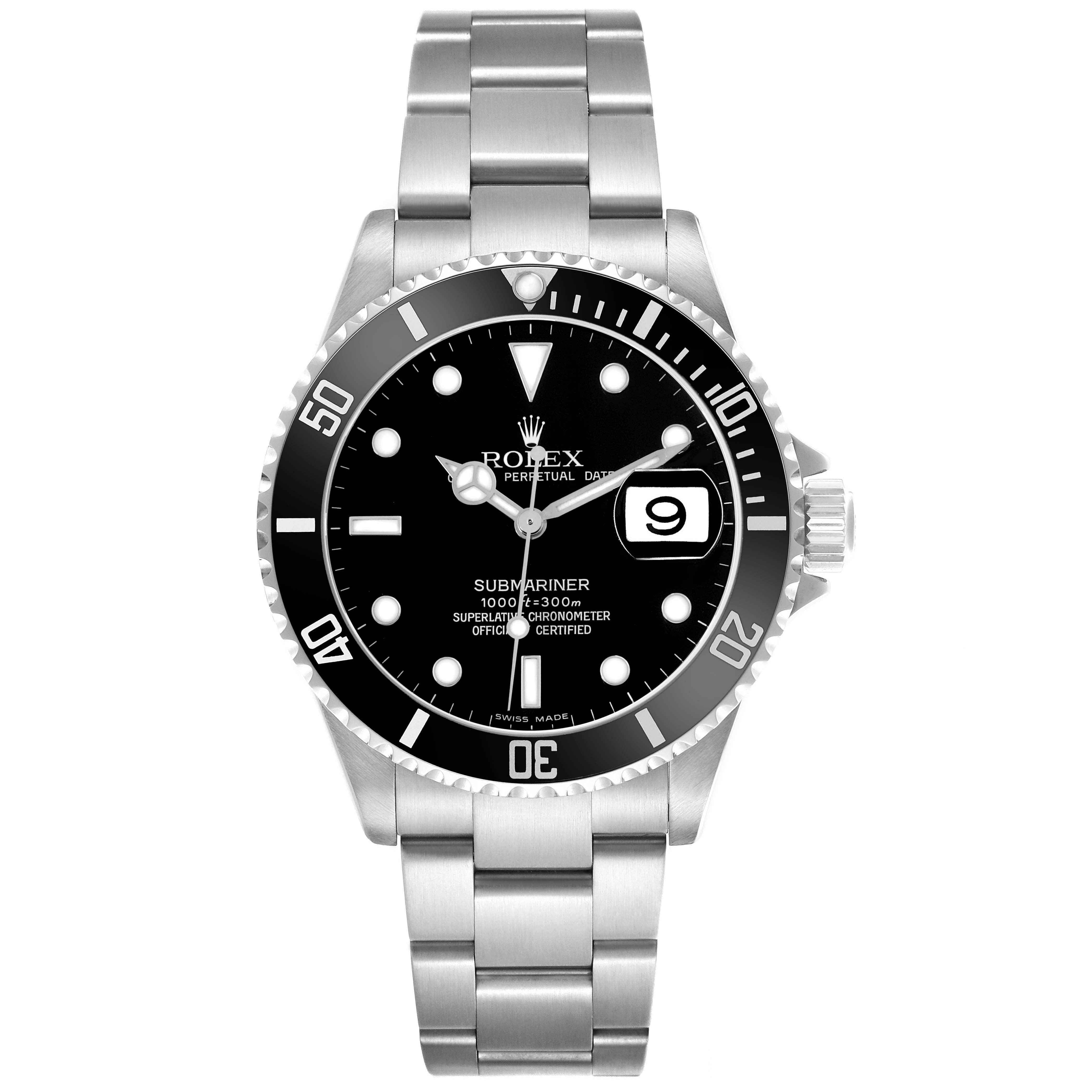 The Rolex Submariner 16610 Men's Stainless Steel Black Dial watch is shown from a top-down angle, displaying the face, bezel, and bracelet clearly.
