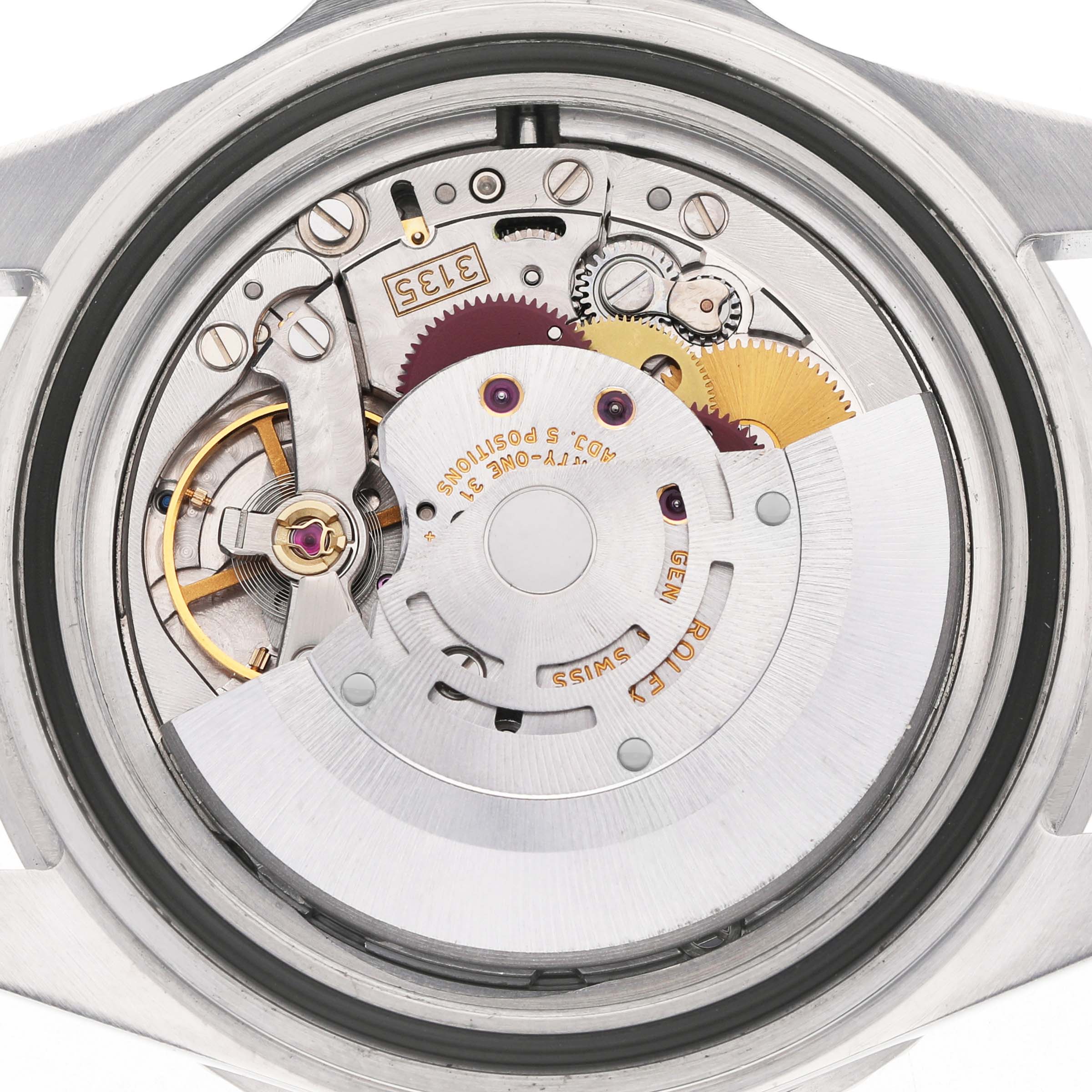 The image shows the movement mechanism of a Rolex Submariner 16610 Men's Stainless Steel Black Dial watch from a top-down angle.