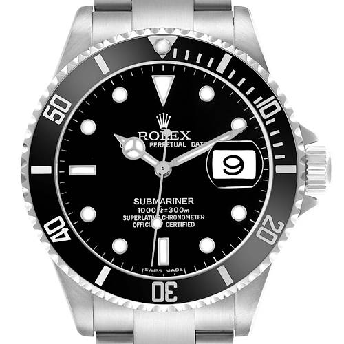The image shows a frontal view of a Rolex Submariner 16610 Men's Stainless Steel Black Dial, highlighting the dial, bezel, and crown with a date display.
