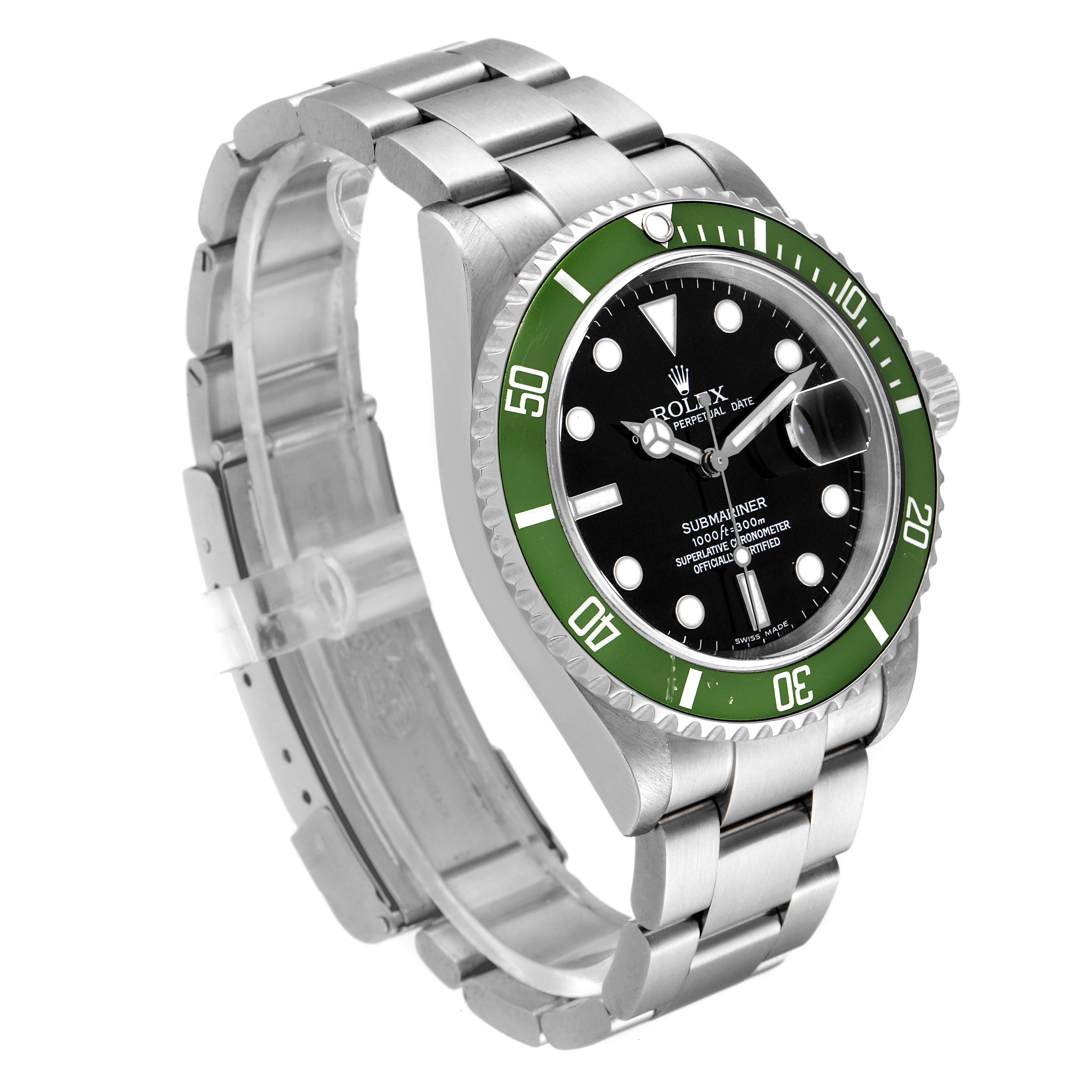 The Rolex Submariner 16610LV Men's Stainless Steel Black Dial 16610LV Men's Stainless Steel Black Dial watch is shown from an angled side view, highlighting the bezel, dial, and stainless steel bracelet.